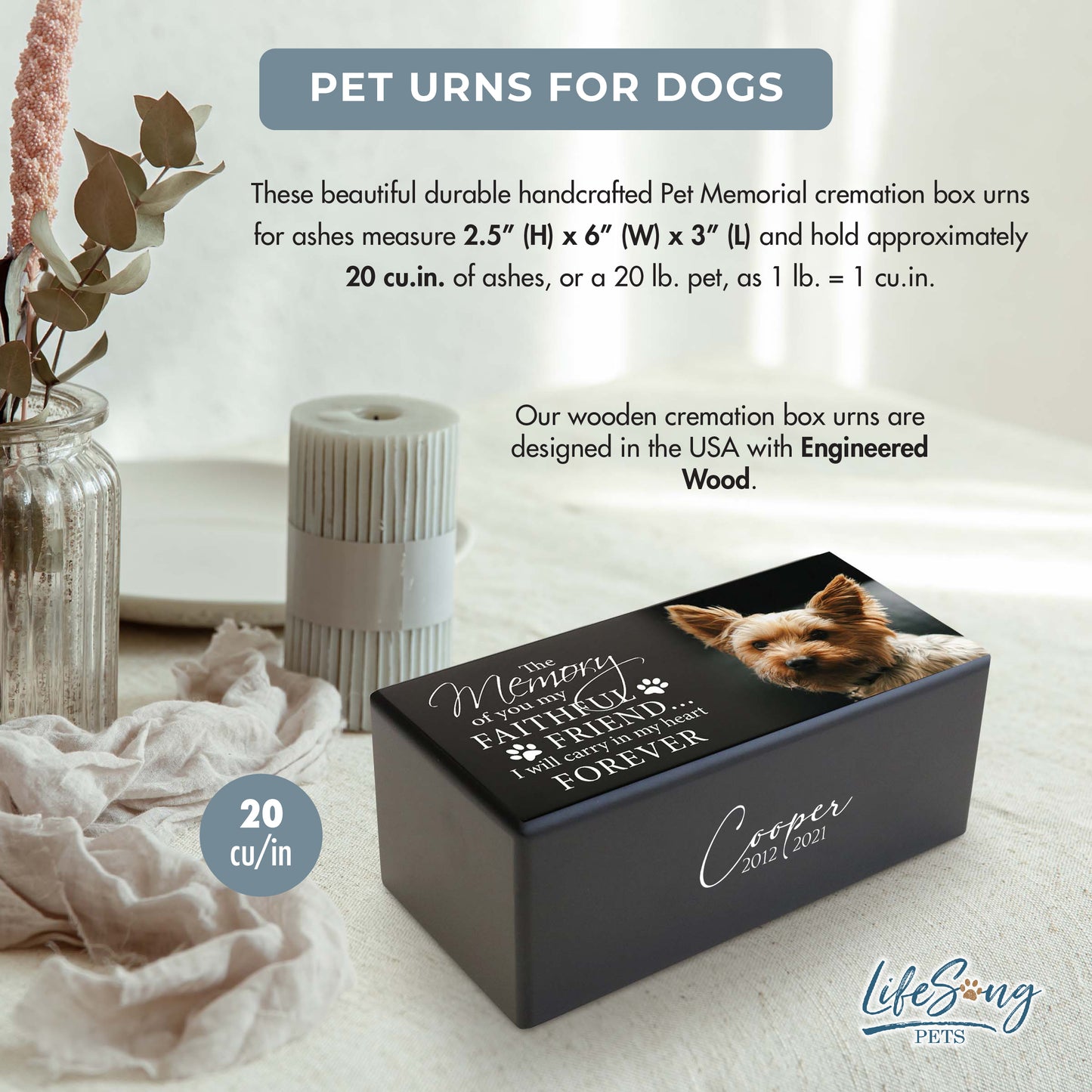 A black wooden urn for dog ashes, customizable with a photo and text, designed to hold up to 20 cubic inches.