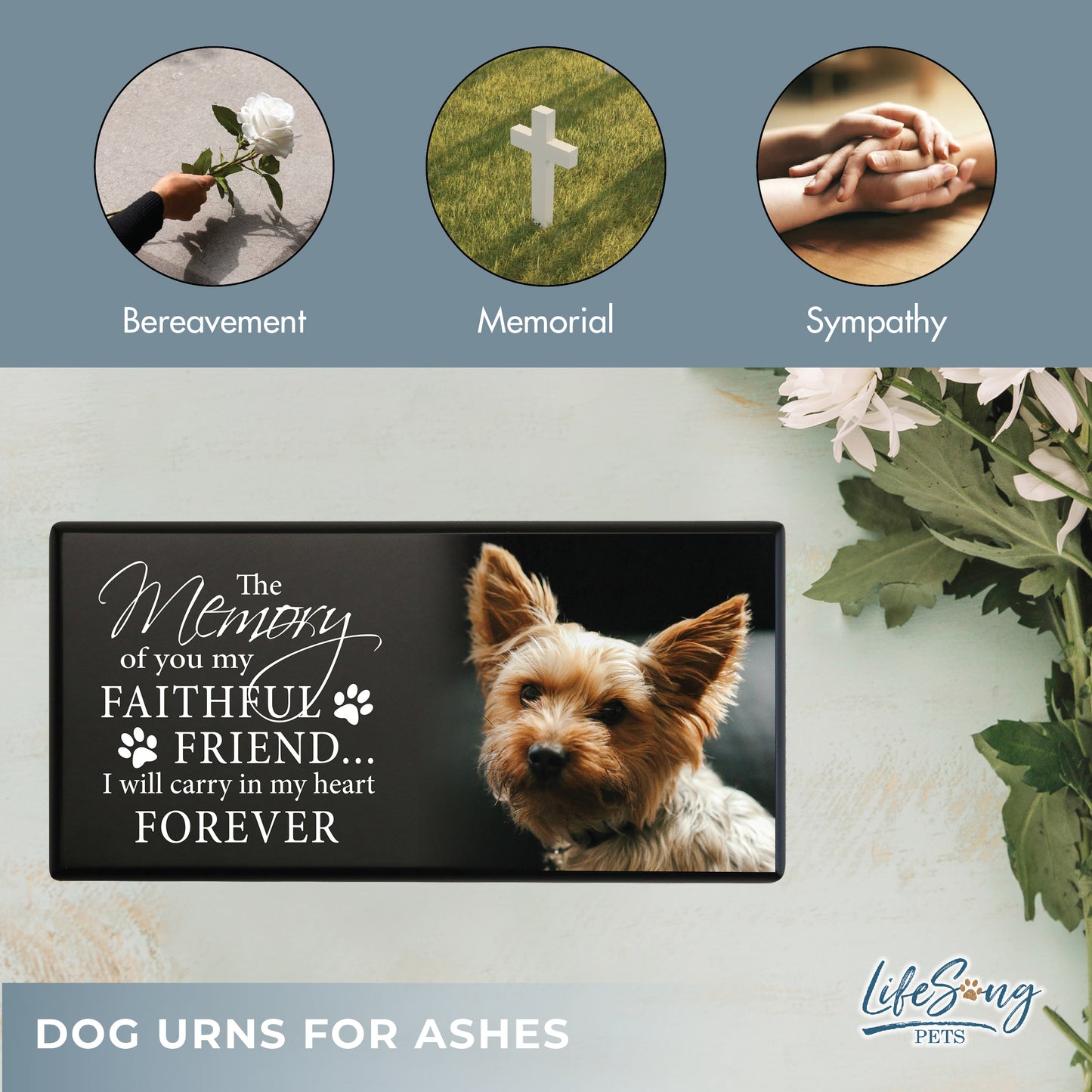A black shoebox-style pet urn with a touching poem, a pet’s photo, and symbolic elements of bereavement, remembrance, and sympathy.