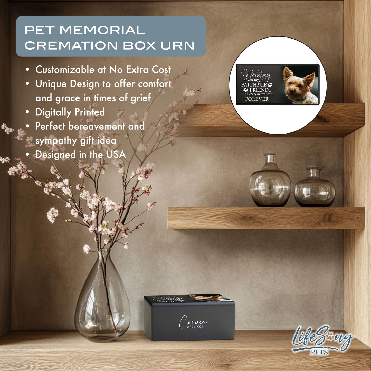 A customized pet memorial urn displayed on a shelf with decor, featuring text about personalization and handcrafted craftsmanship.