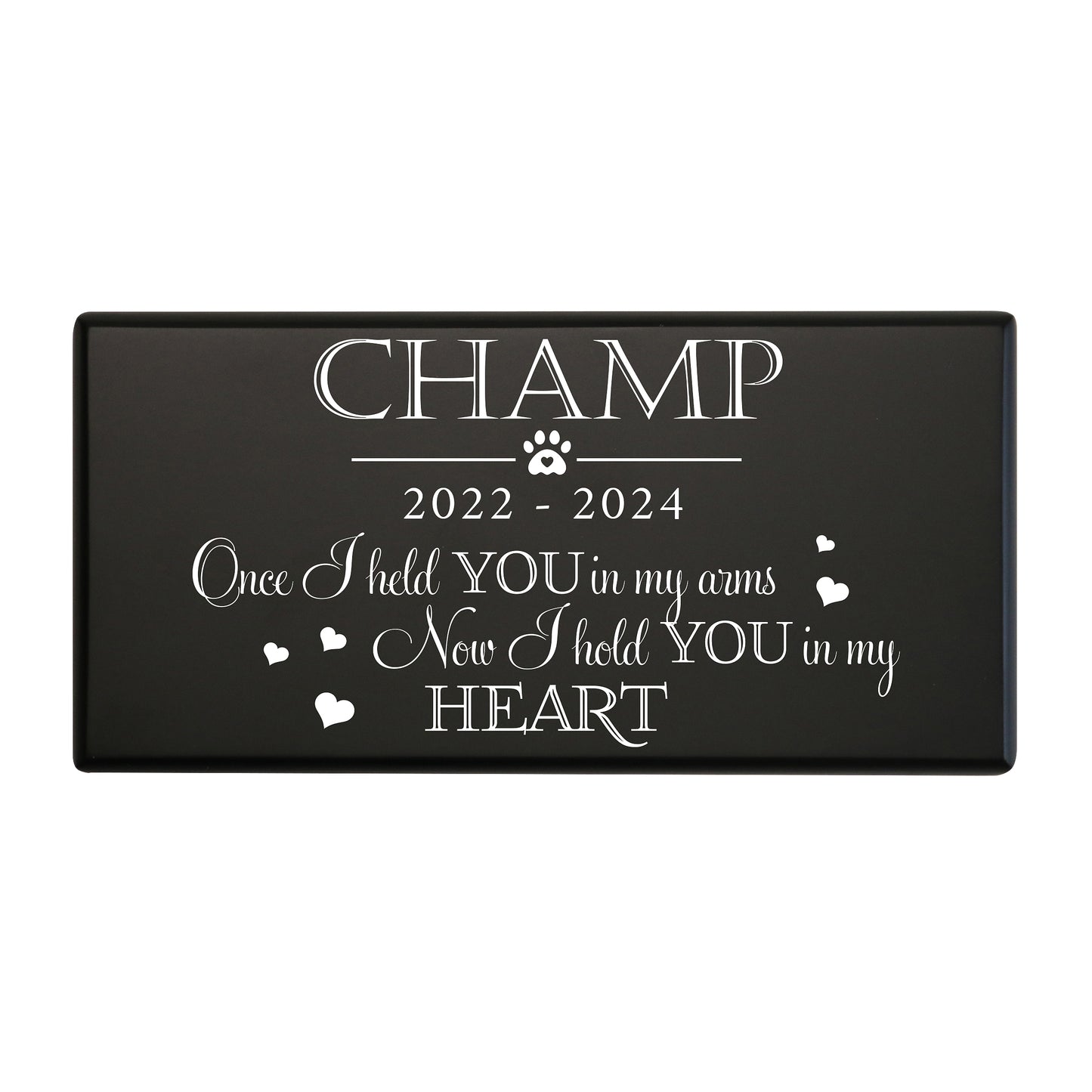 A black pet cremation urns with a heartfelt message in white script
