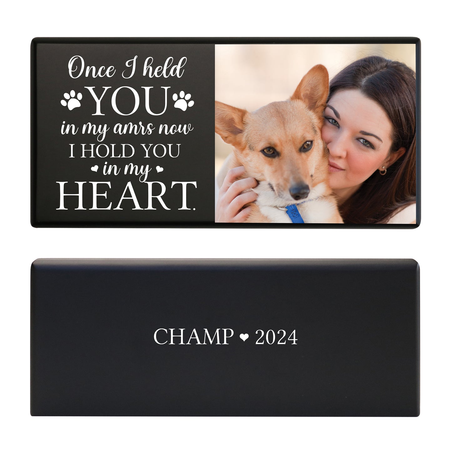 Black Wooden Dog Urn for Pet Ashes with a touching quote, custom engraving, and a pet photo, honoring cherished memories of a beloved dog.