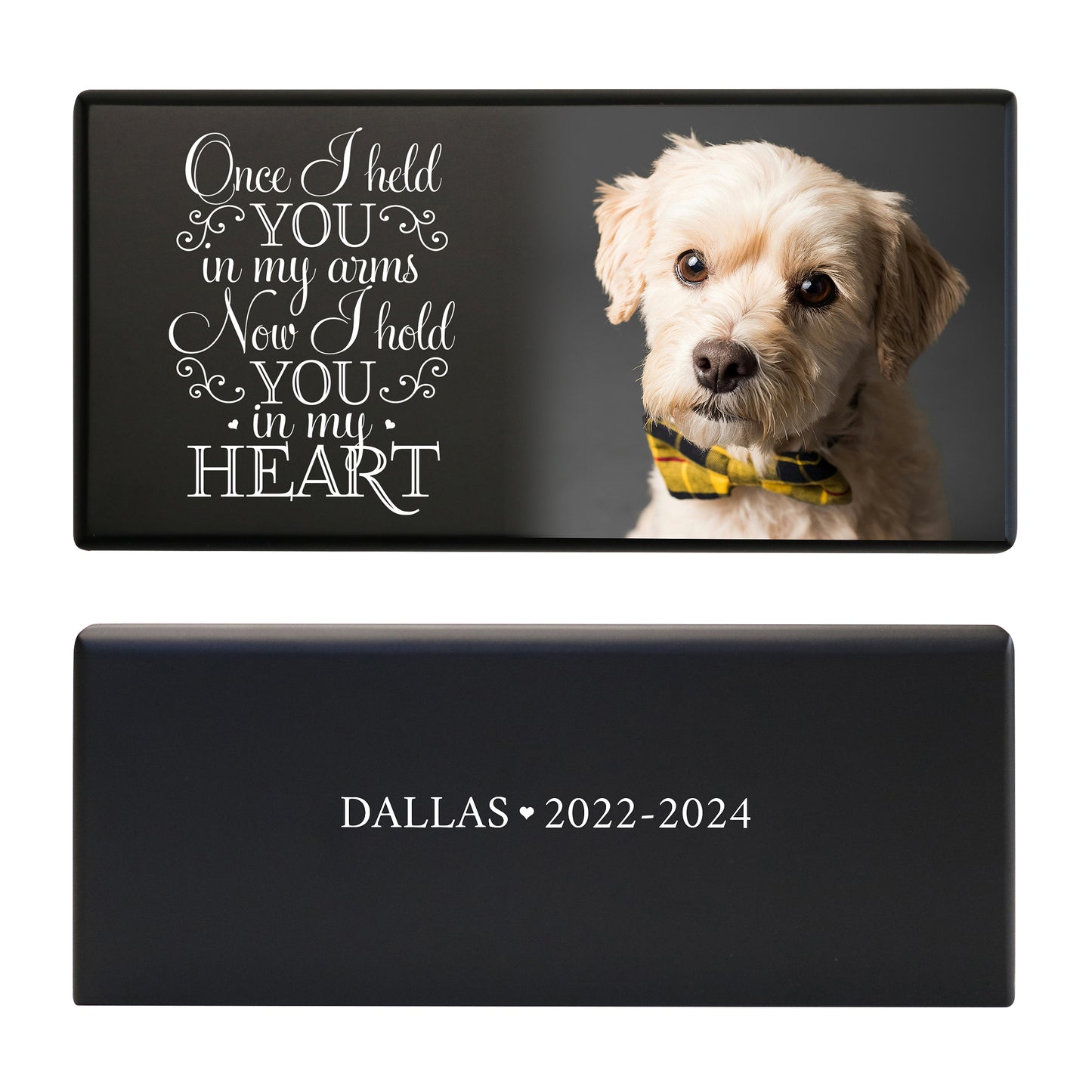 A black pet cremation photo urn featuring a dog photo and a heartfelt message.