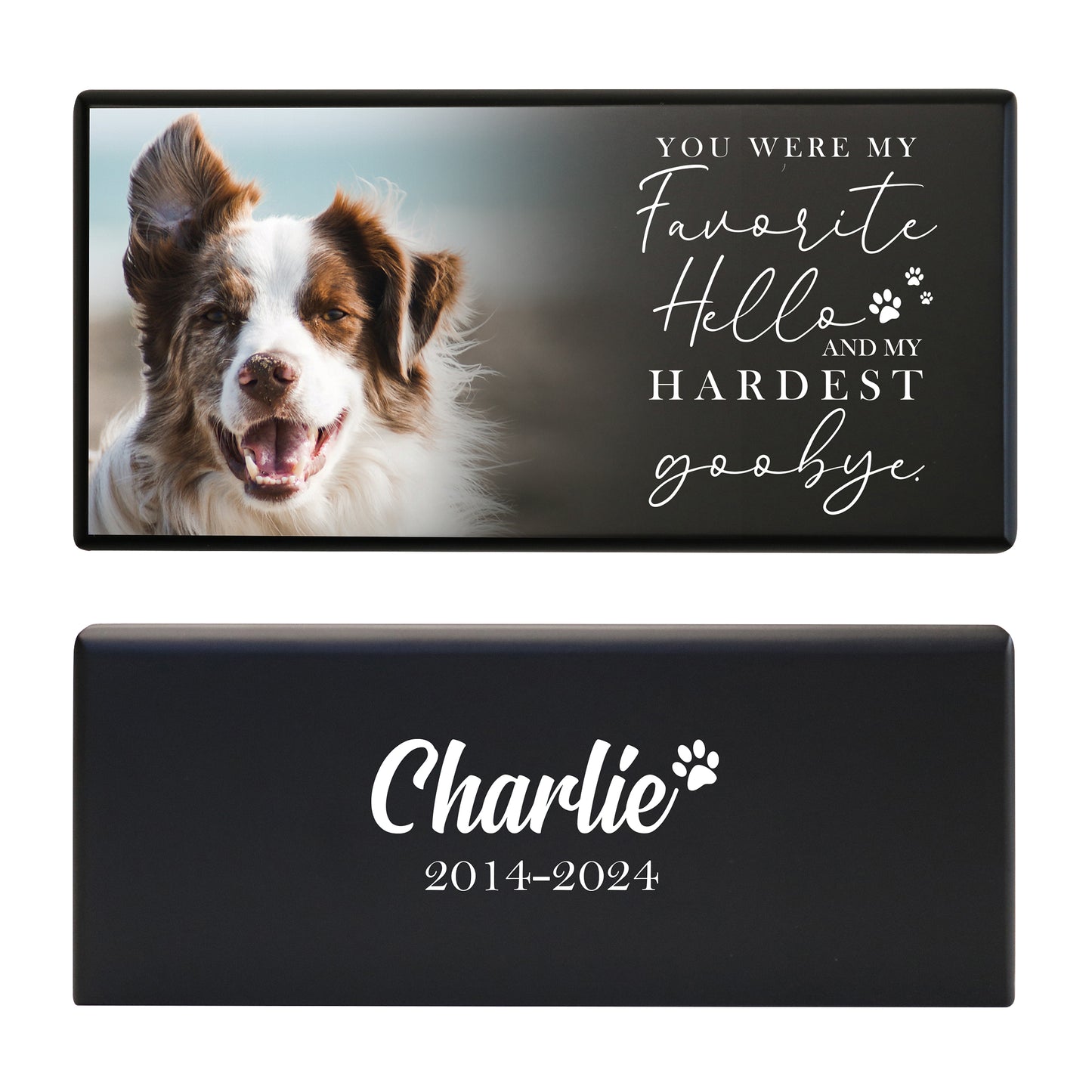 A wooden dog urn for pet ashes with a cheerful dog beside a heartfelt quote and nameplate.