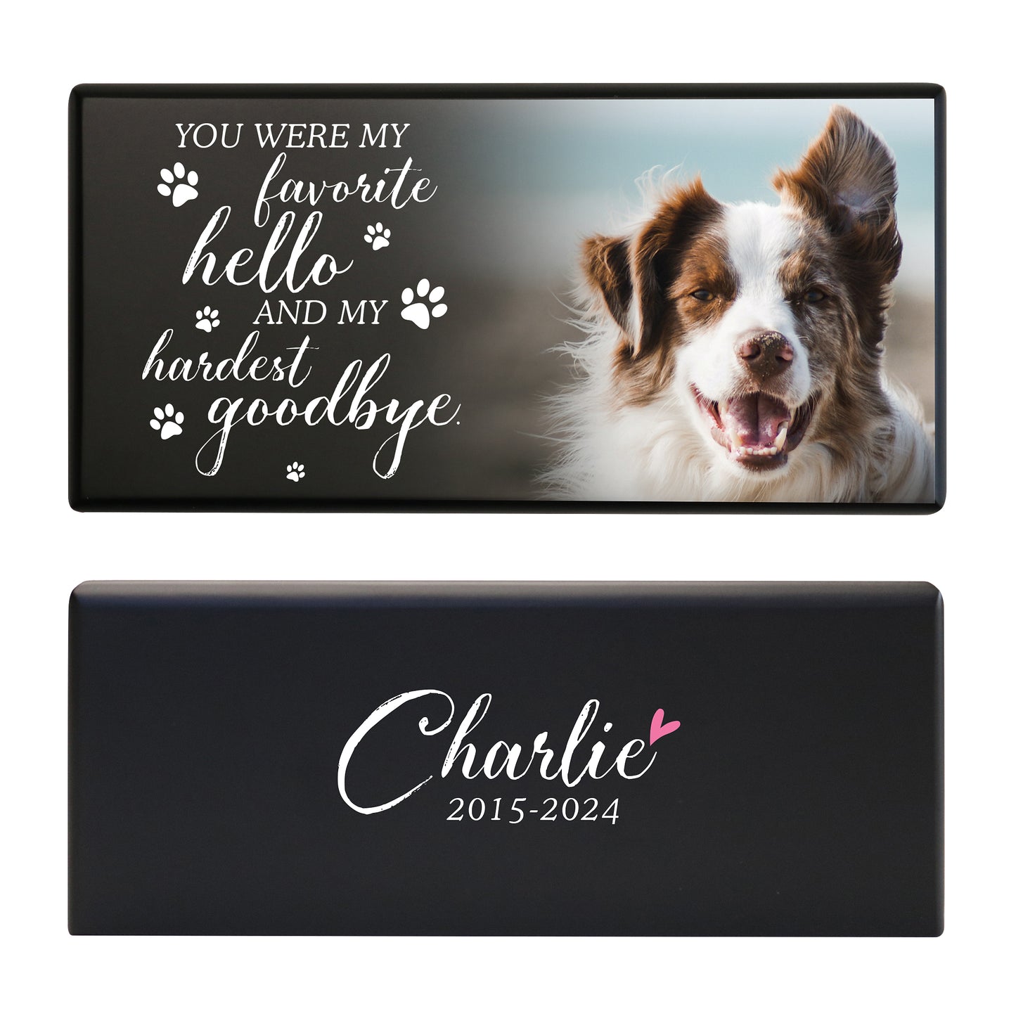 A black wooden dog urn for ashes featuring a joyful dog image, a touching farewell message, and a custom name and dates.