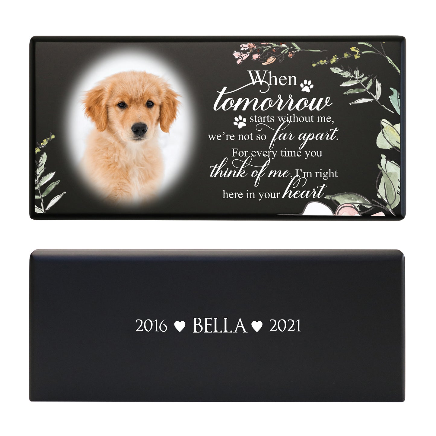 A black pet memorial urn box with a golden puppy photo is paired with a heartfelt message and floral accents.