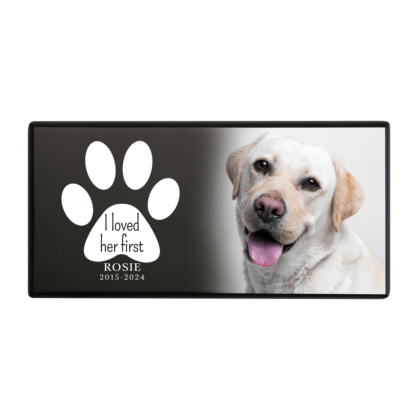Dog Memorial Urn for Ashes with a white paw print and photo of a Labrador.