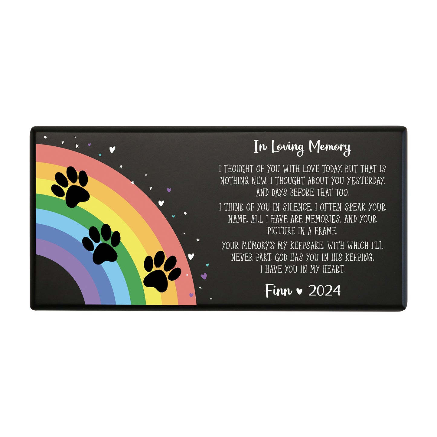 A black Biodegradable Wooden Dog Urns for Ashes with rainbow paw prints and a heartfelt poem.