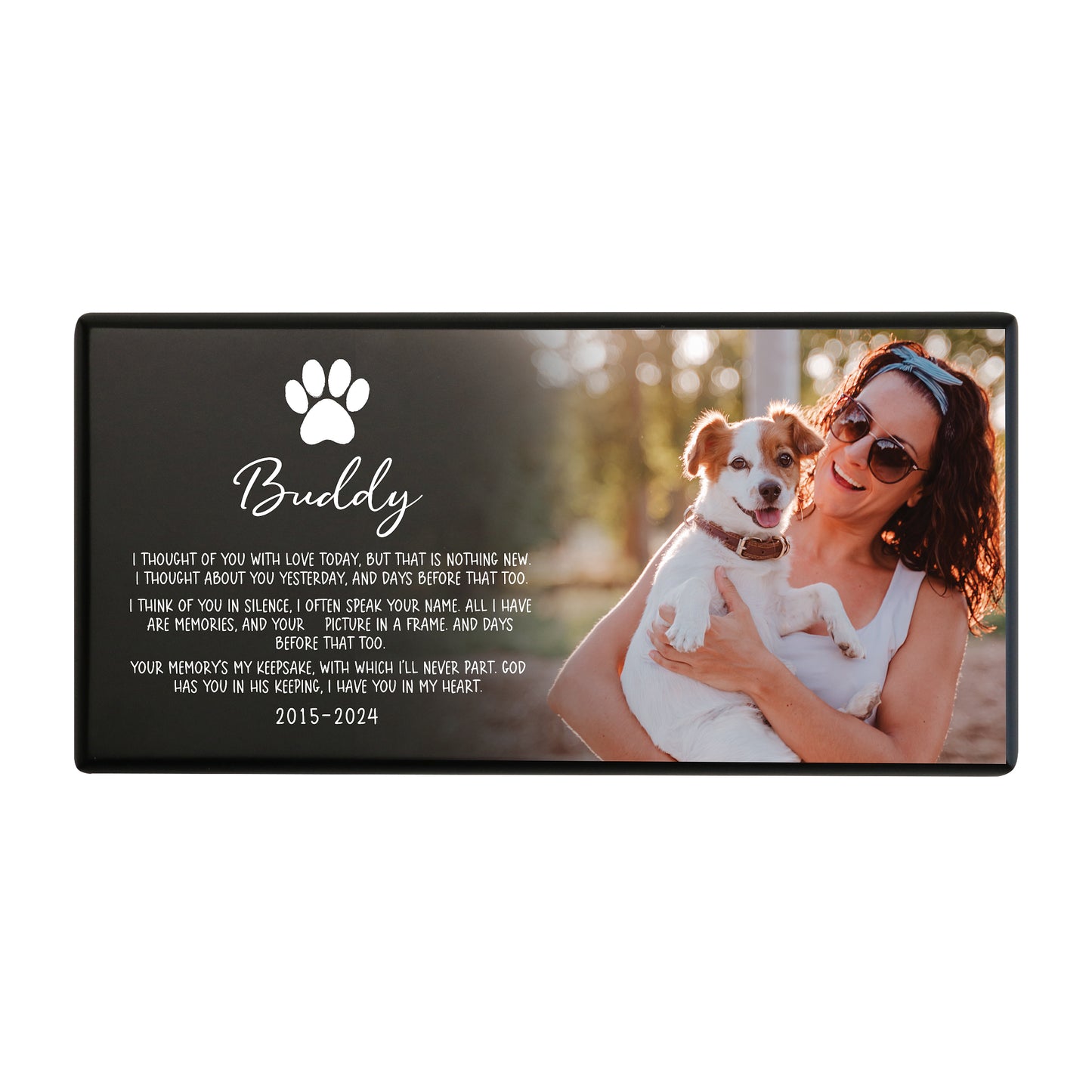 A black Personalized Wooden Dog Urn for Pet Ashes with a heartfelt message and a photo of a woman with her dog.