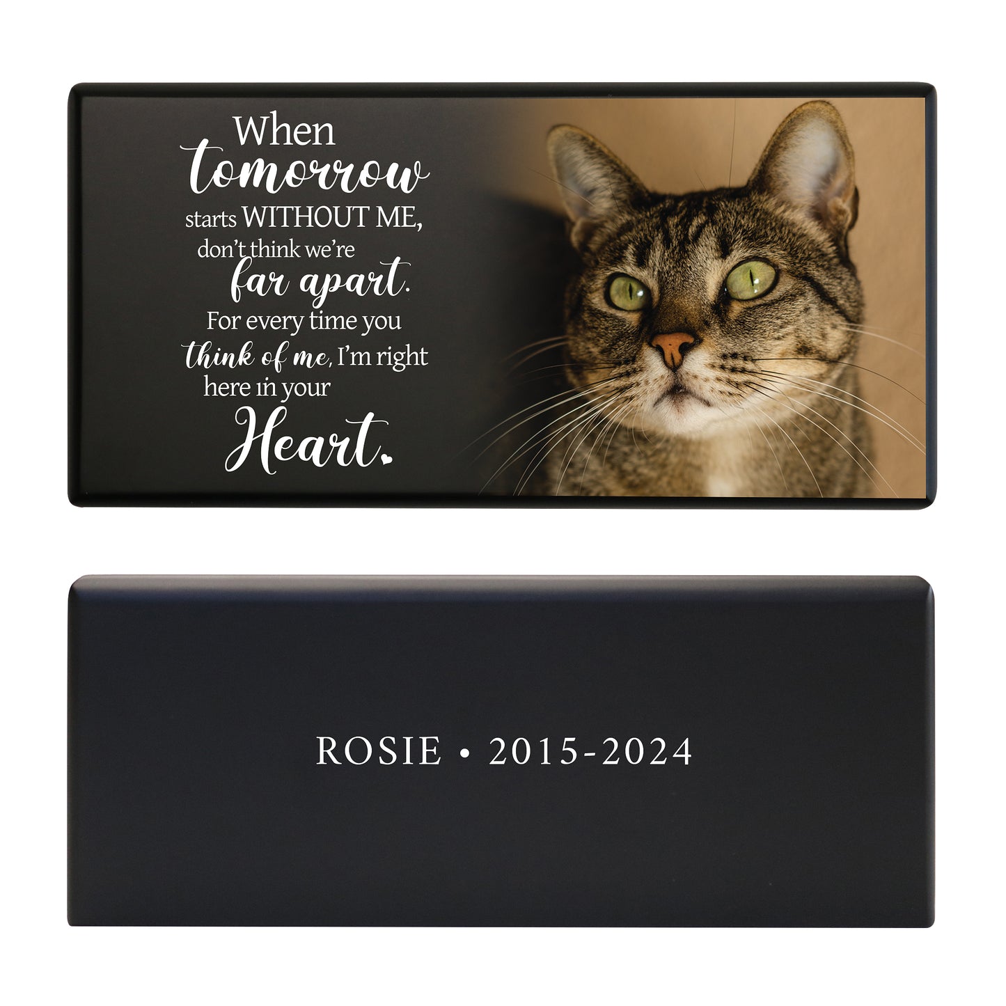 A black pet memorial urn box with a tabby cat image with a touching quote and a sleek black design.