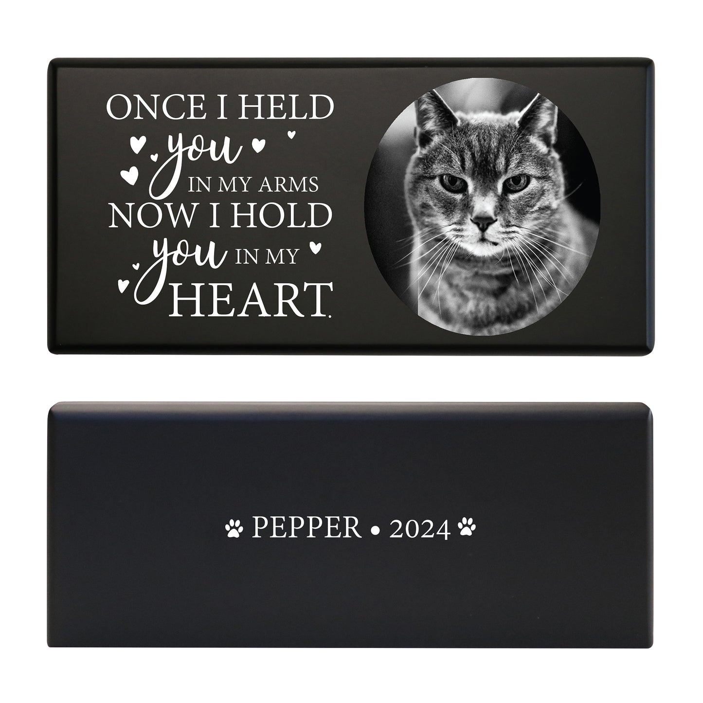 A black pet cremation urn featuring a cat photo and a touching memorial quote.