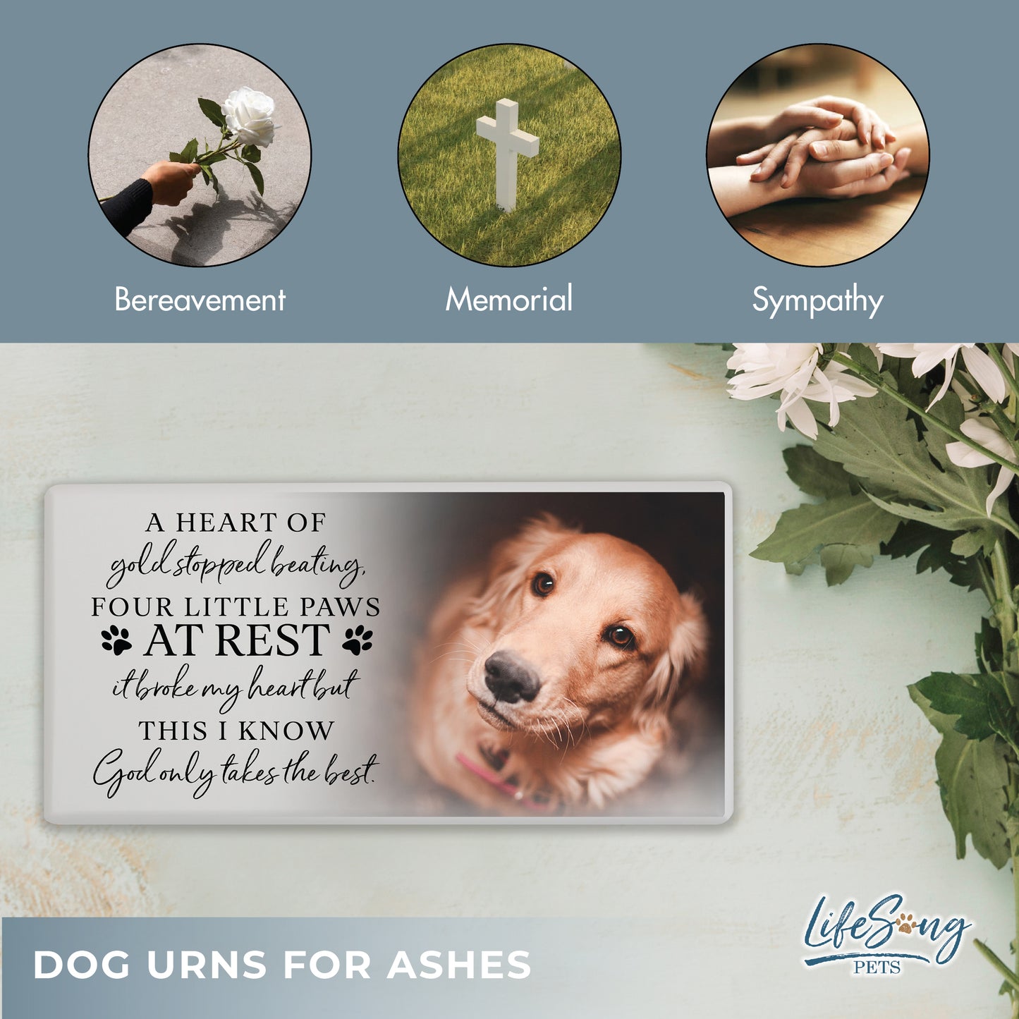 A white shoebox-style pet urn with a touching poem, a pet’s photo, and symbolic elements of bereavement, remembrance, and sympathy.