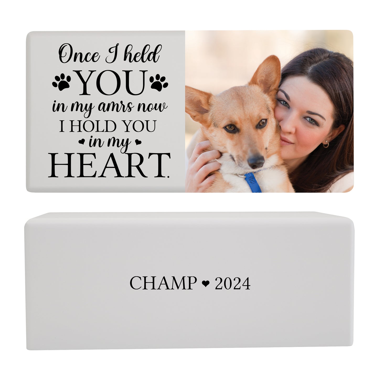 White Wooden Dog Urn for Pet Ashes with a touching quote, custom engraving, and a pet photo, honoring cherished memories of a beloved dog.