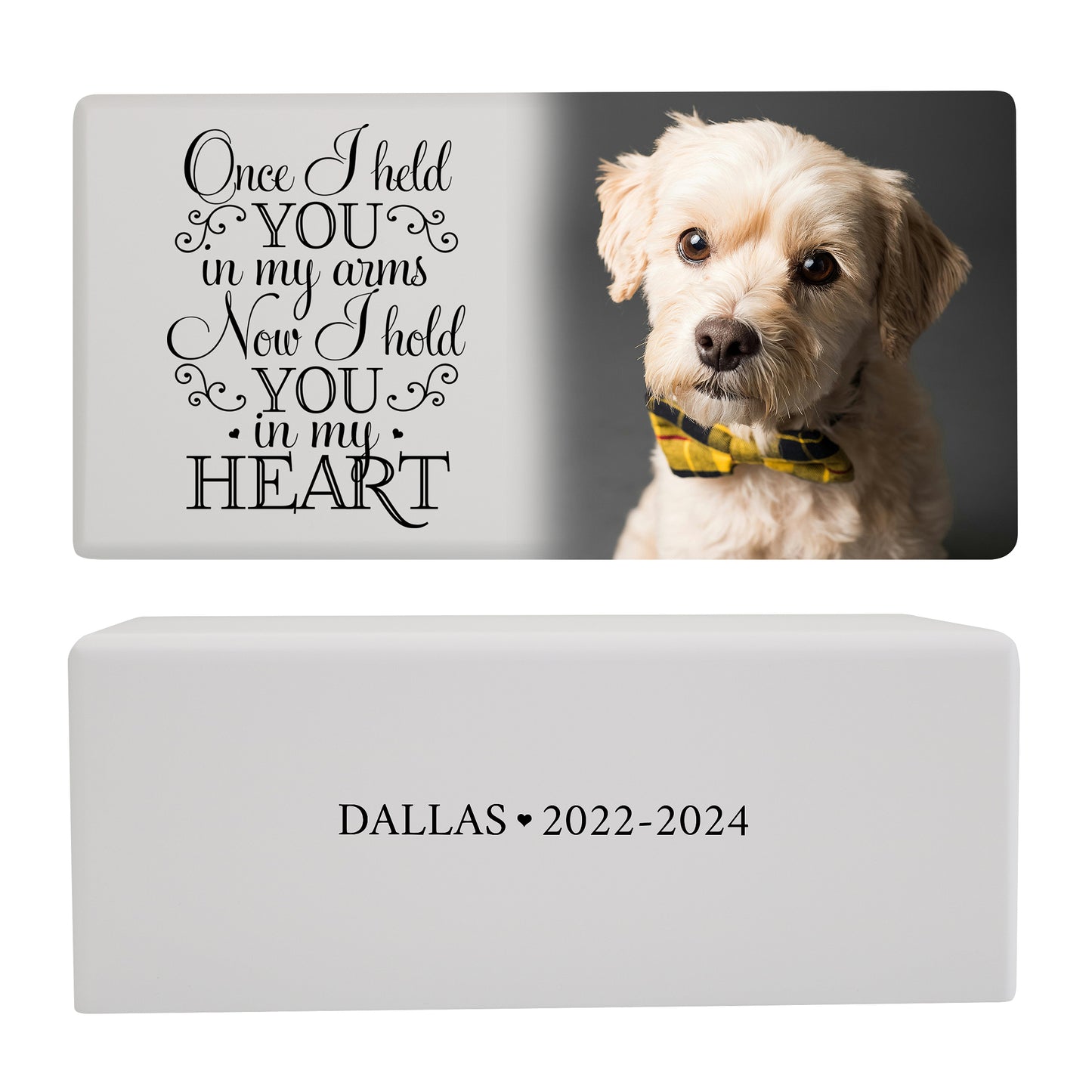 A white pet cremation photo urn featuring a dog photo and a heartfelt message.