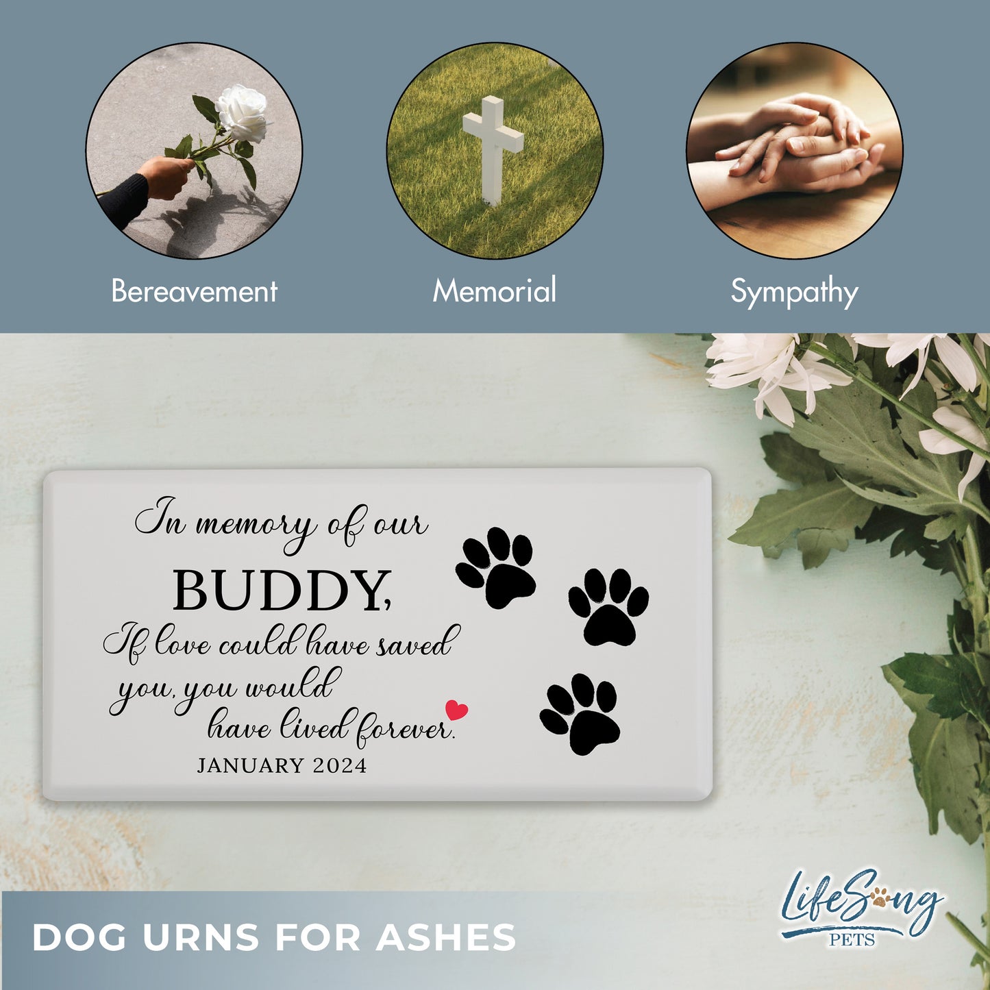 A white shoebox-style pet urn with a heartfelt inscription, secure screw bottom, and felt base for scratch protection.