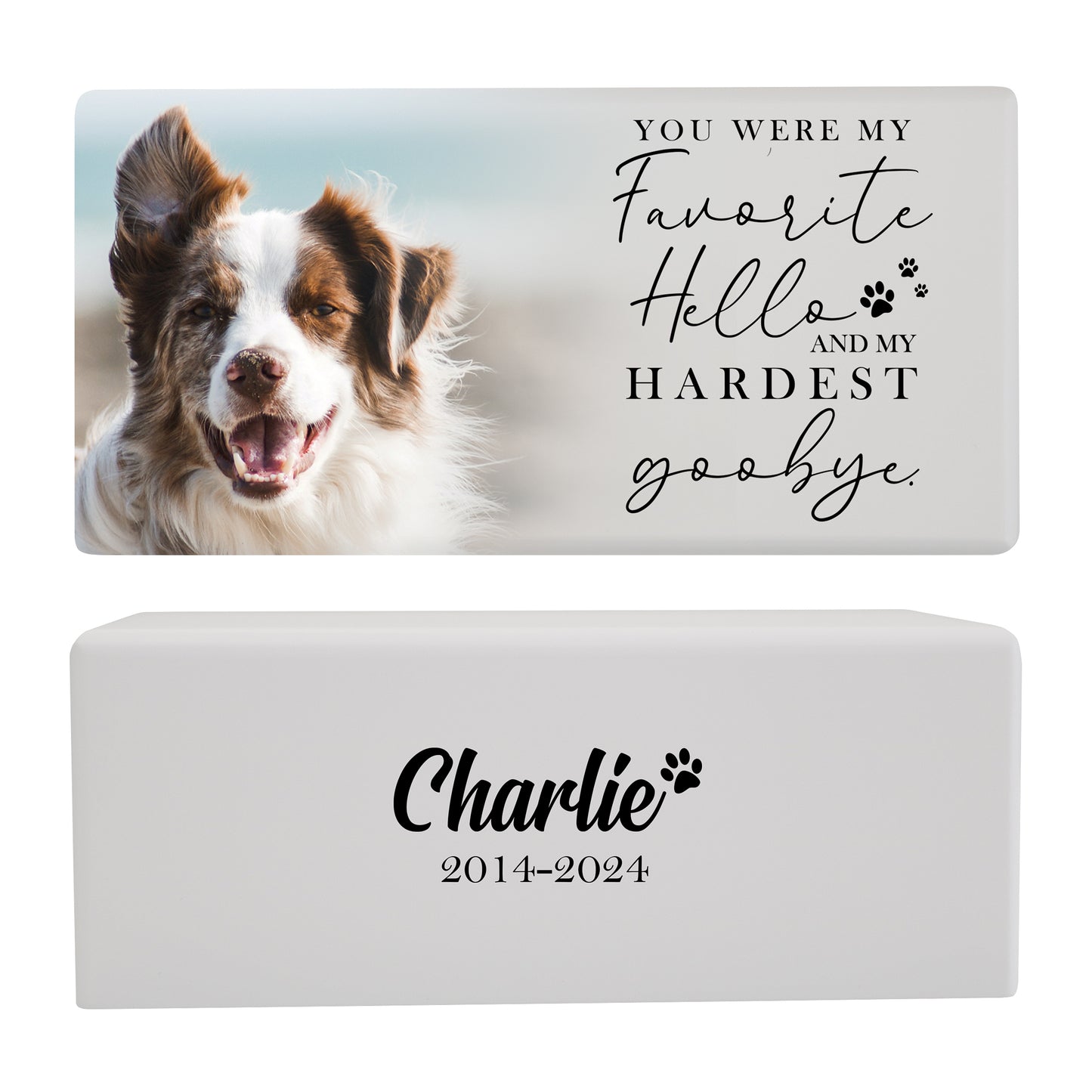 A white wooden dog urn for pet ashes with a cheerful dog beside a heartfelt quote and nameplate.