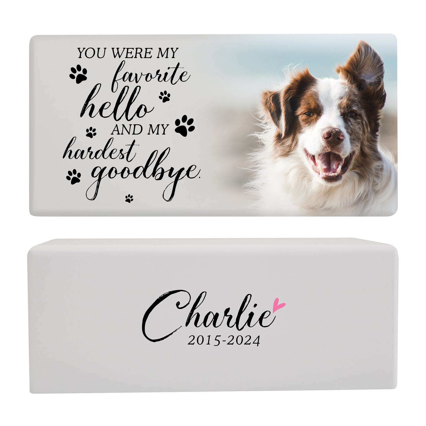 A white wooden dog urn for ashes featuring a joyful dog image, a touching farewell message, and a custom name and dates.