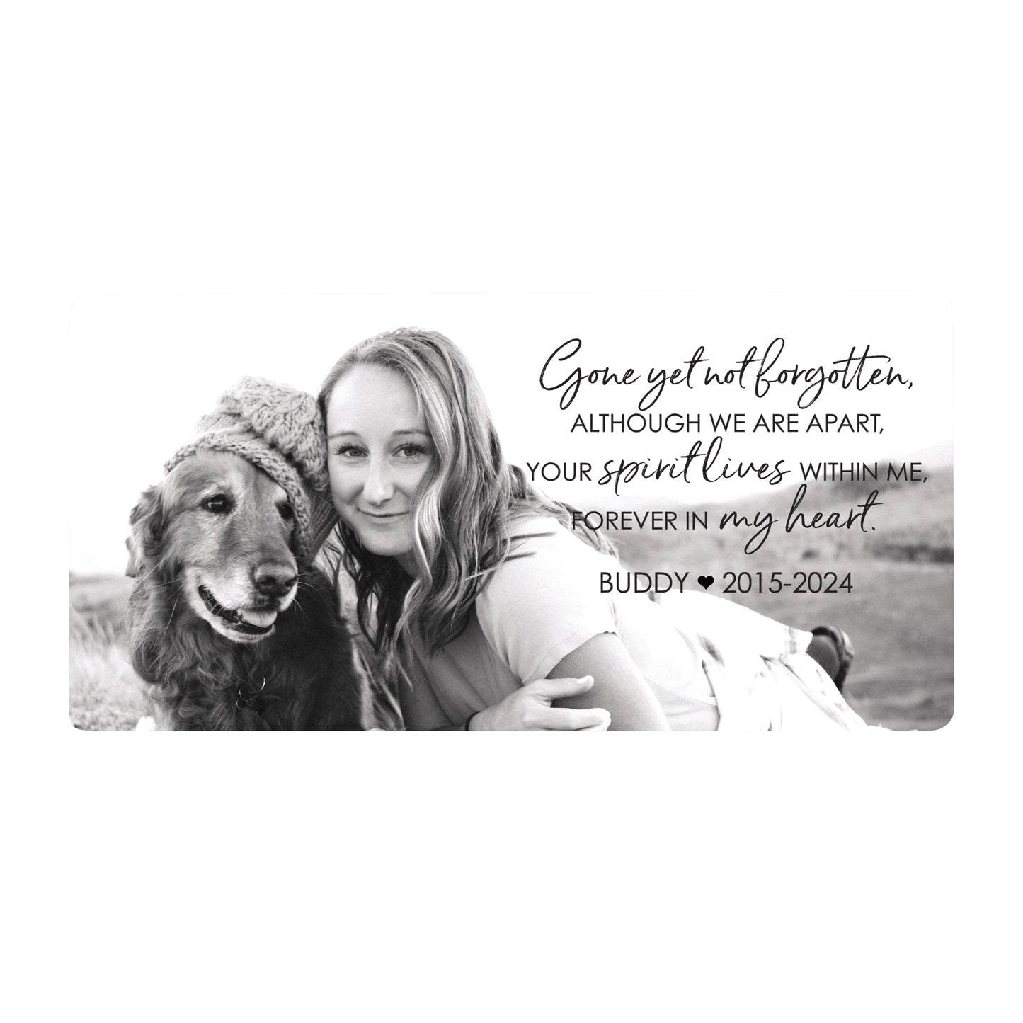 A personalized pet cremation urn with a woman lovingly hugs her dog in a memorial photo with a heartfelt tribute.