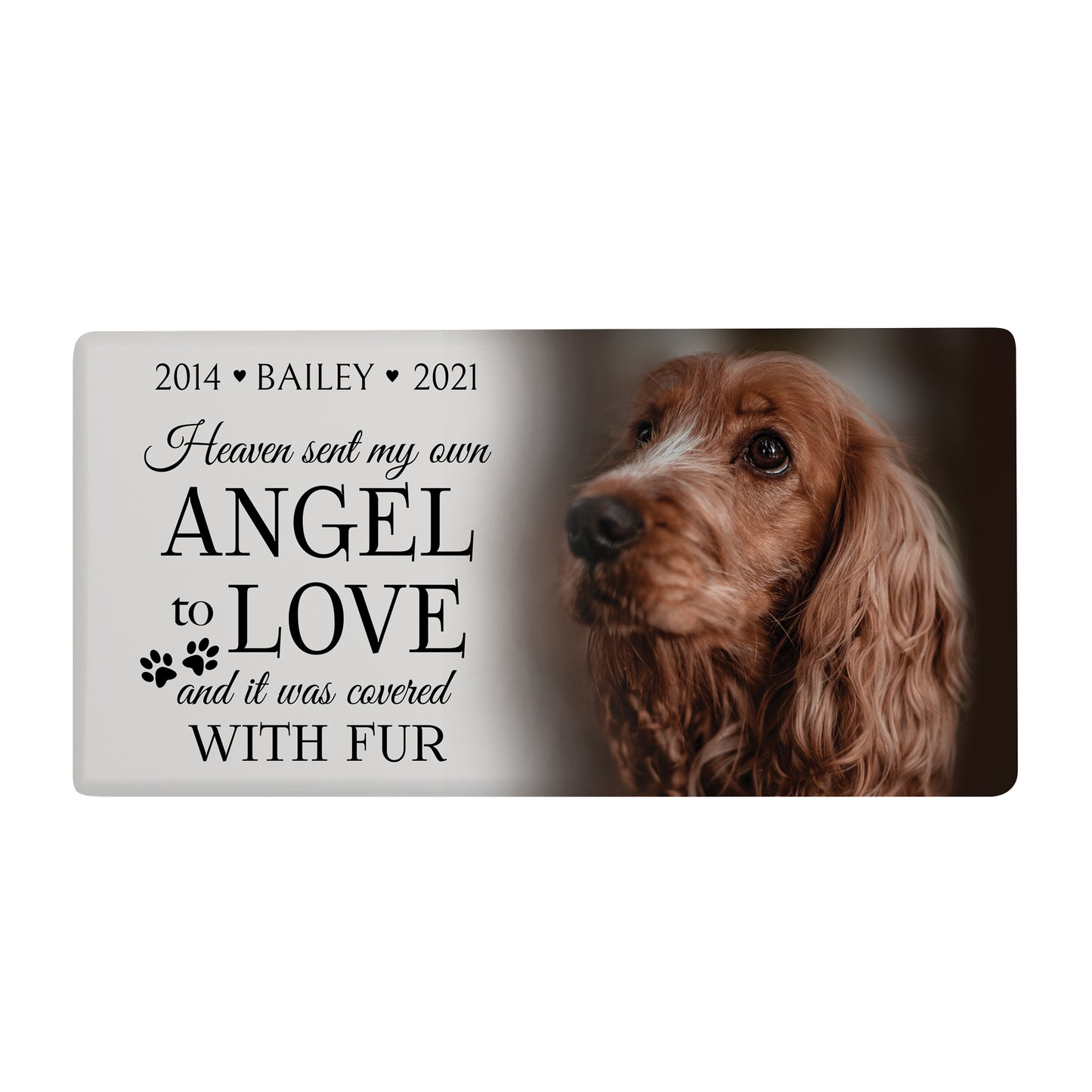 An eco-friendly personalized white pet urn featuring a heartfelt message and a dog image.