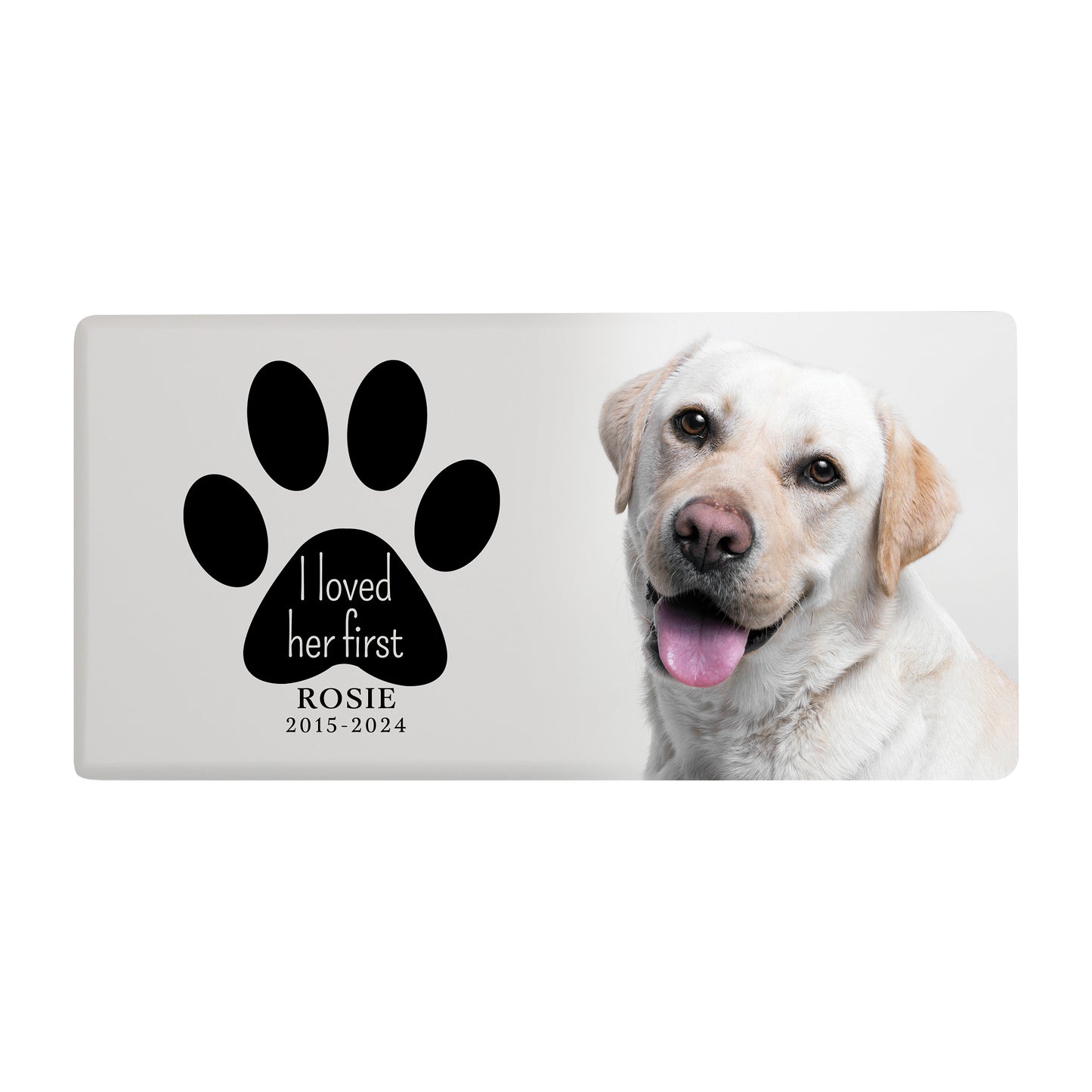 Dog Memorial Urn for Ashes with a black paw print and photo of a Labrador.