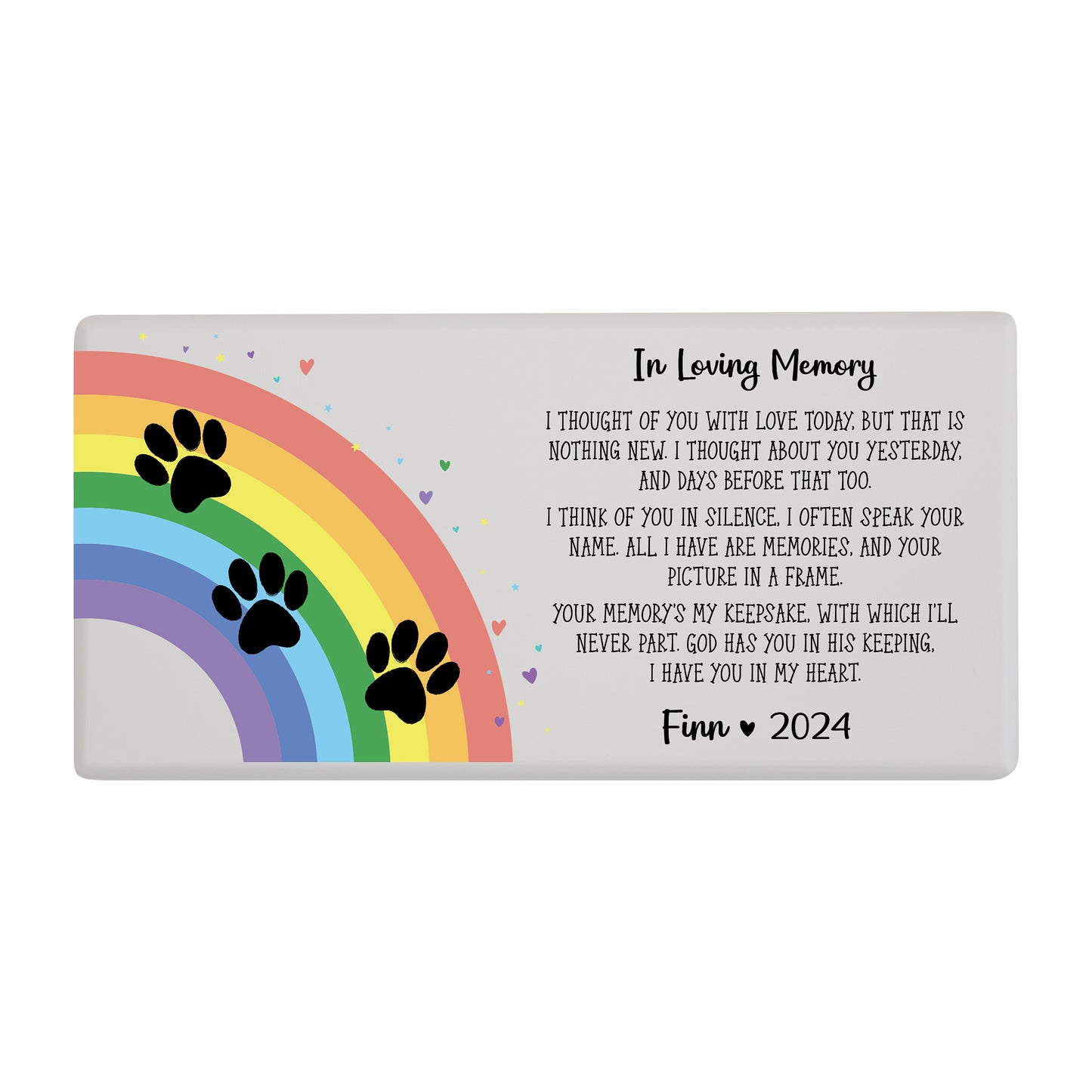 A white Biodegradable Wooden Dog Urns for Ashes with rainbow paw prints and a heartfelt poem.