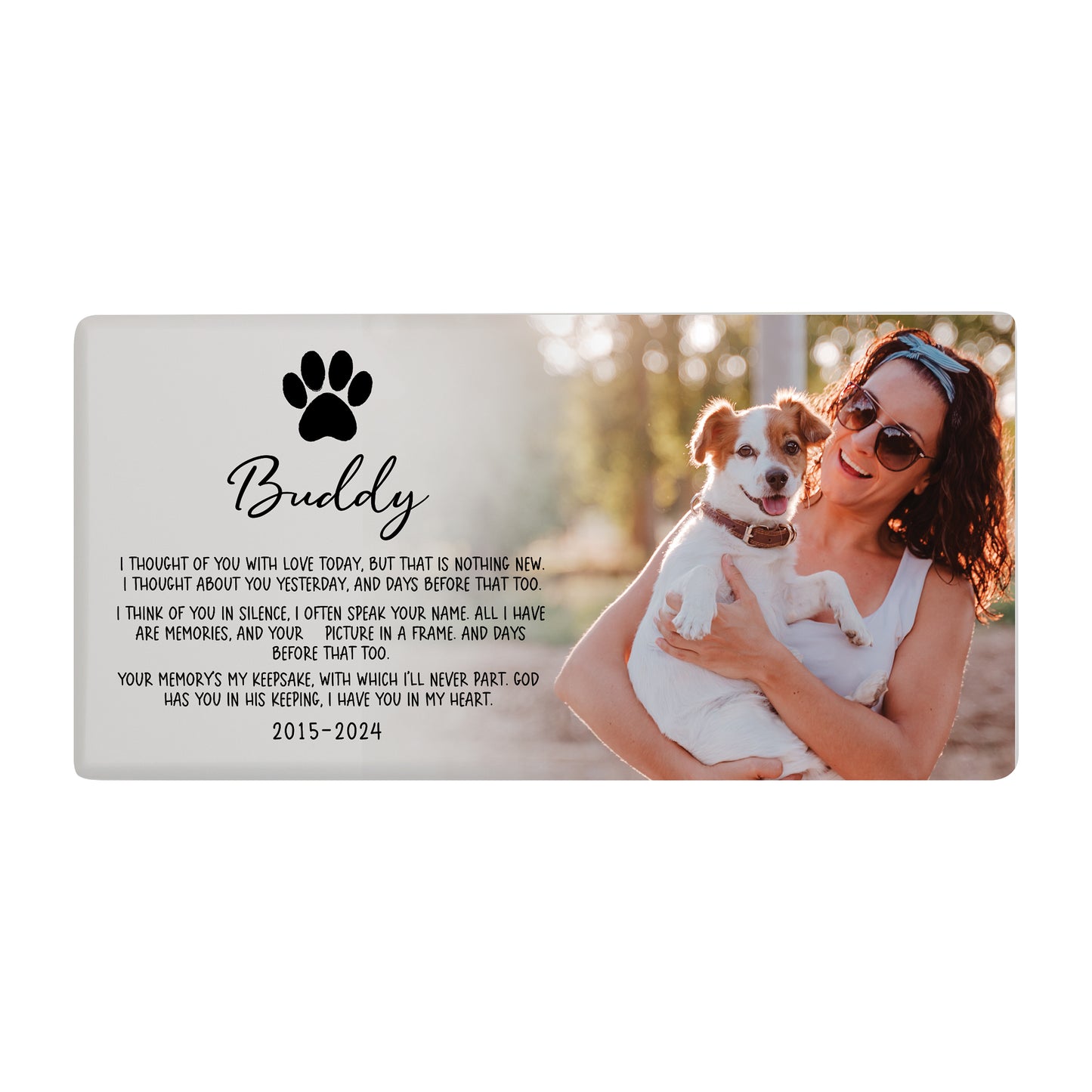 A white Personalized Wooden Dog Urn for Pet Ashes with a loving tribute and a custom photo of a pet and owner.