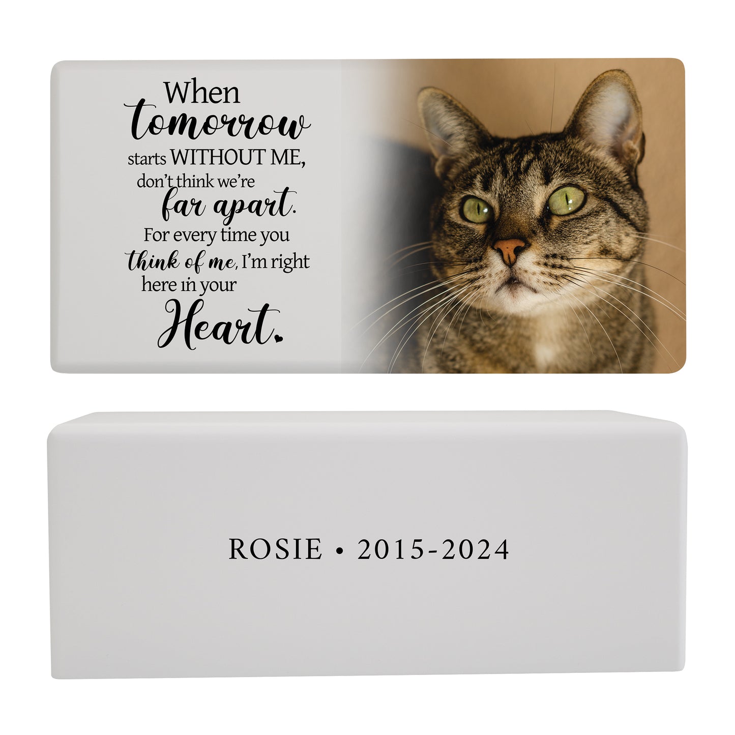 A white pet memorial urn box with a tabby cat image with a touching quote and a sleek black design.