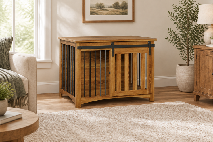Wooden dog crate in living room