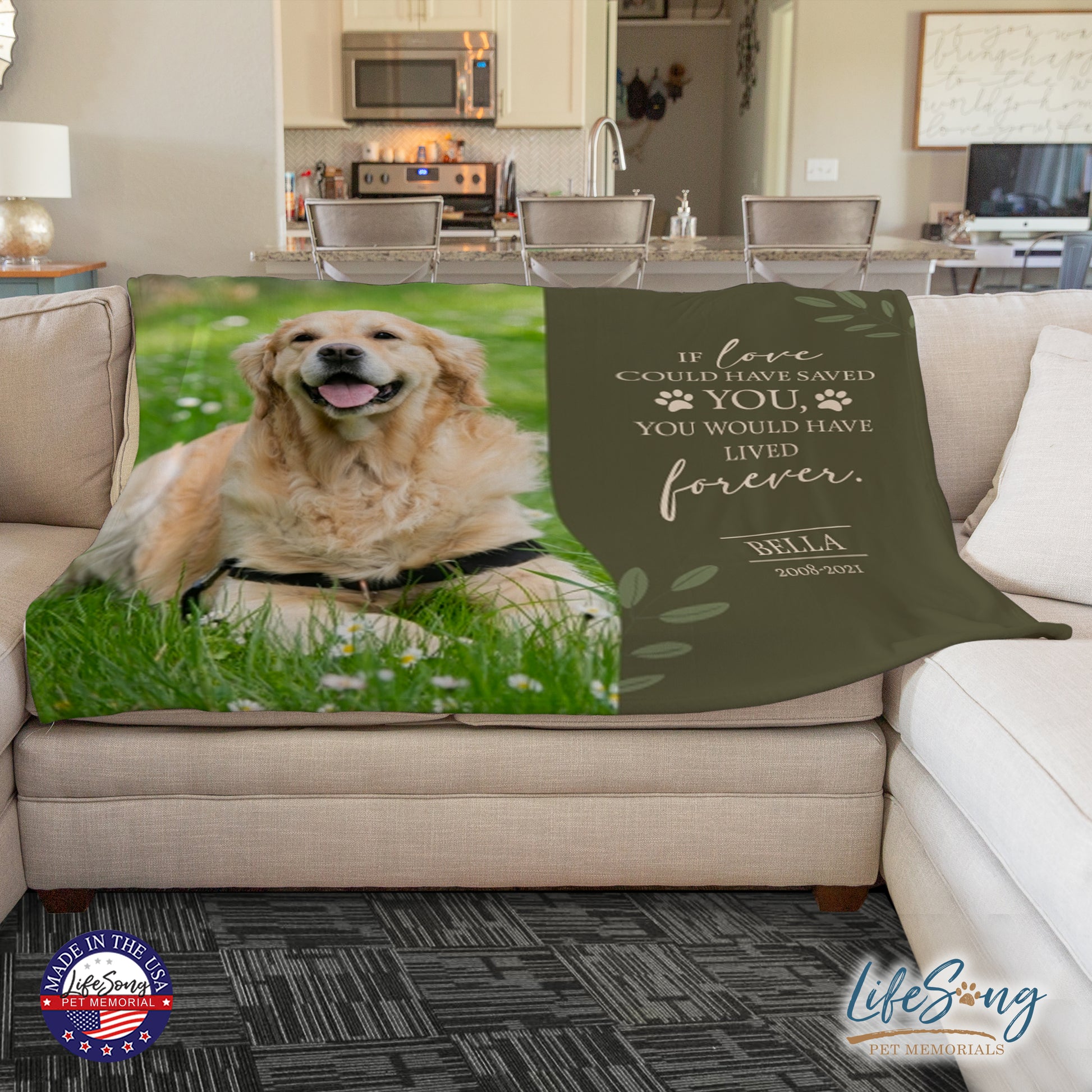 personalized pet memorial blanket with custom photo of pet dog or cat 