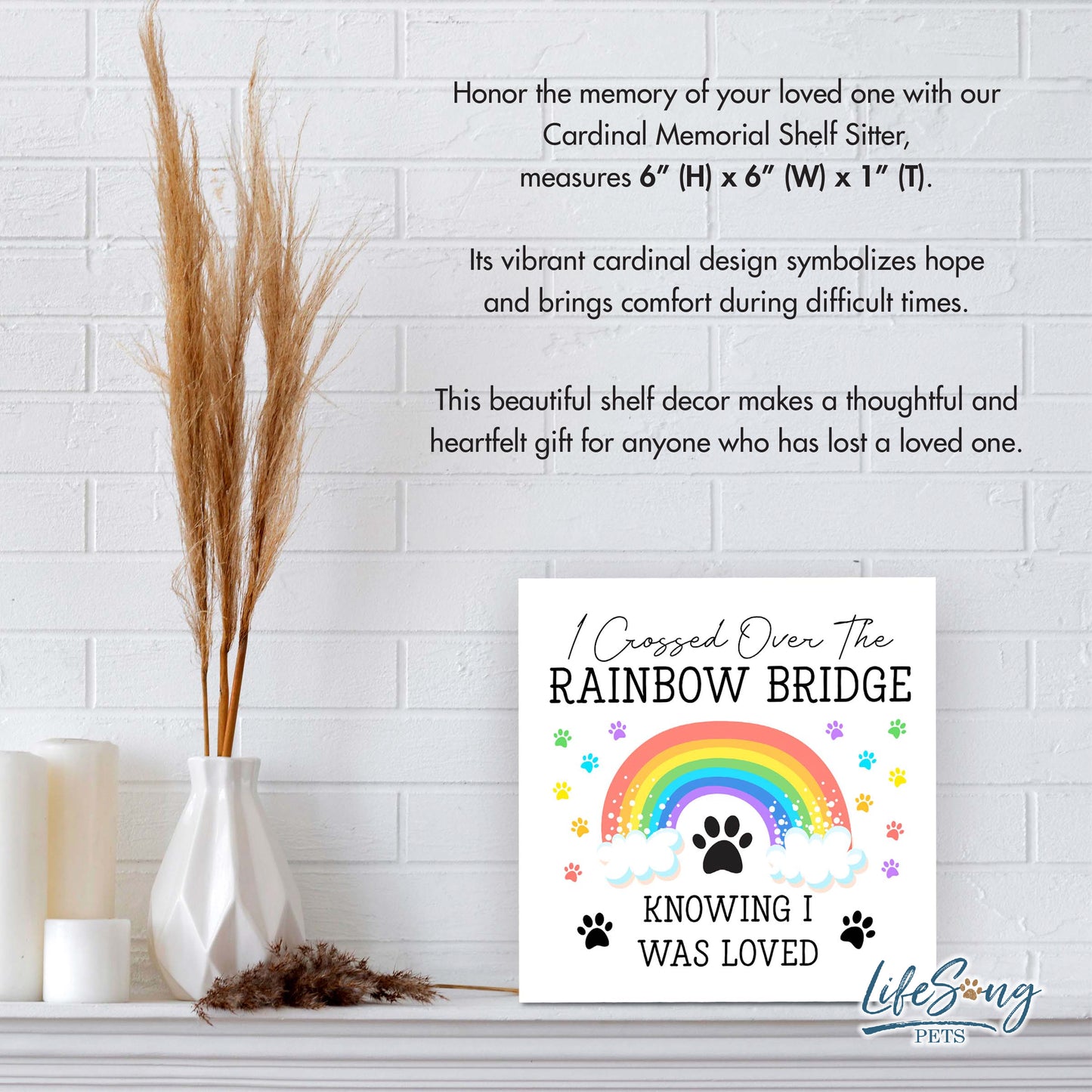 Custom Wooden Pet Memorial Shelf Sitter and Table Decor 6x6- Rainbow Bridge