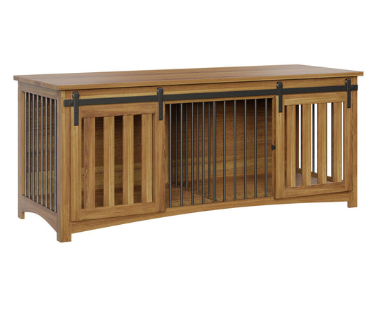 Rustic Wooden Dog Crate Furniture for 2 Dogs – Brown Maple Kennel with Barn Doors