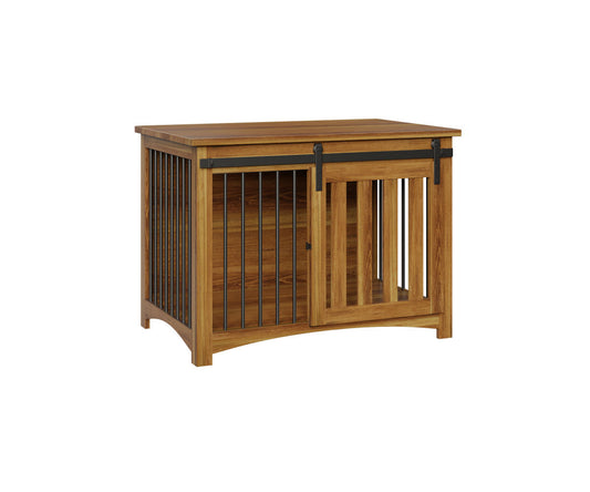Single Dog Crate Furniture with Sliding Barn Doors – Solid Wood Pet Kennel for Medium Dog