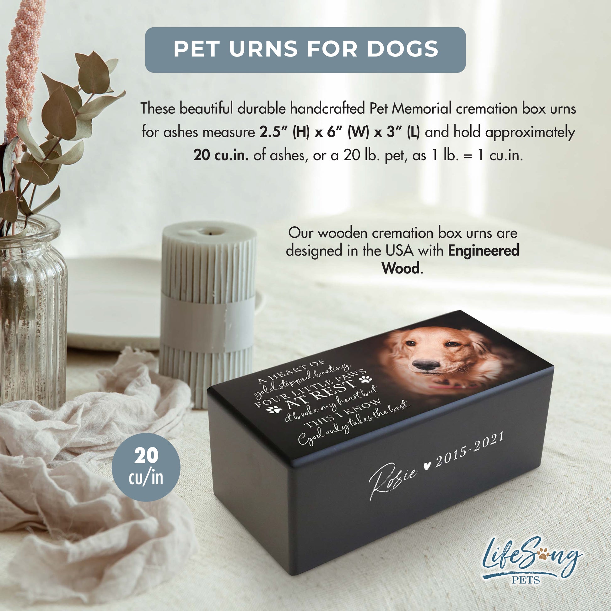 A black wooden urn for dog ashes, customizable with a photo and text, designed to hold up to 20 cubic inches.