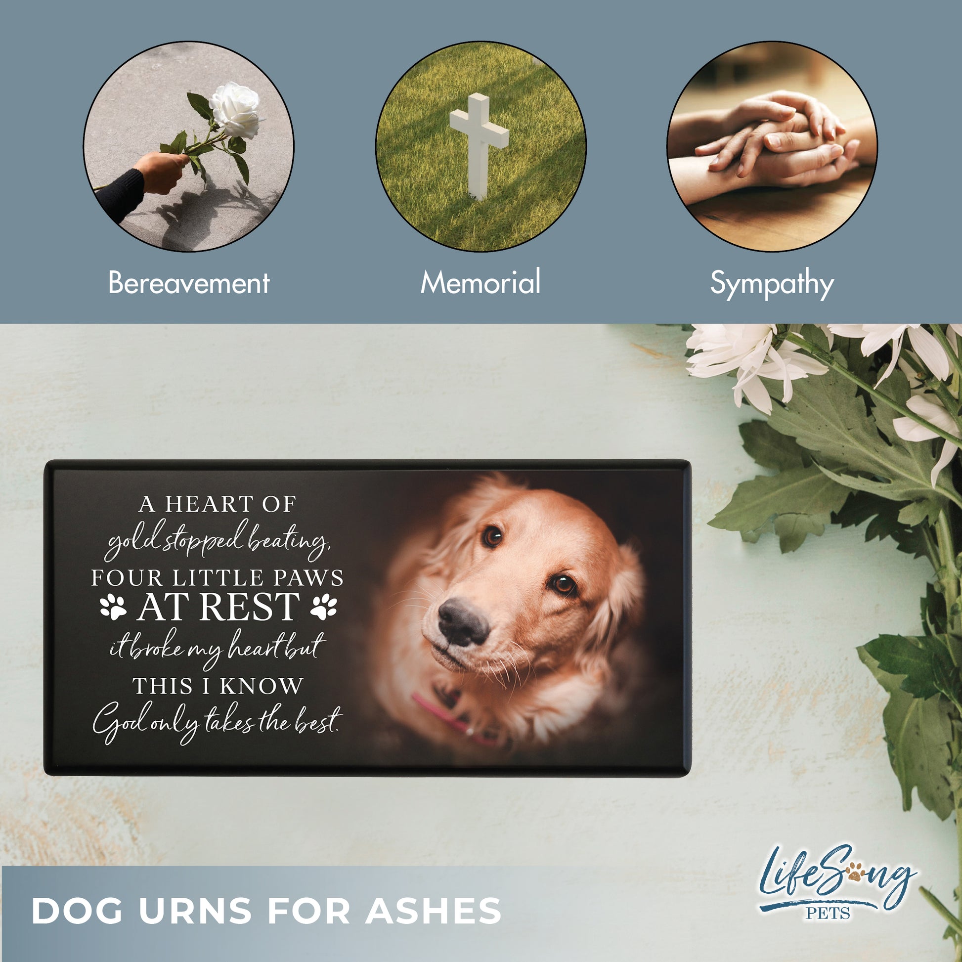 A black shoebox-style pet urn with a touching poem, a pet’s photo, and symbolic elements of bereavement, remembrance, and sympathy.