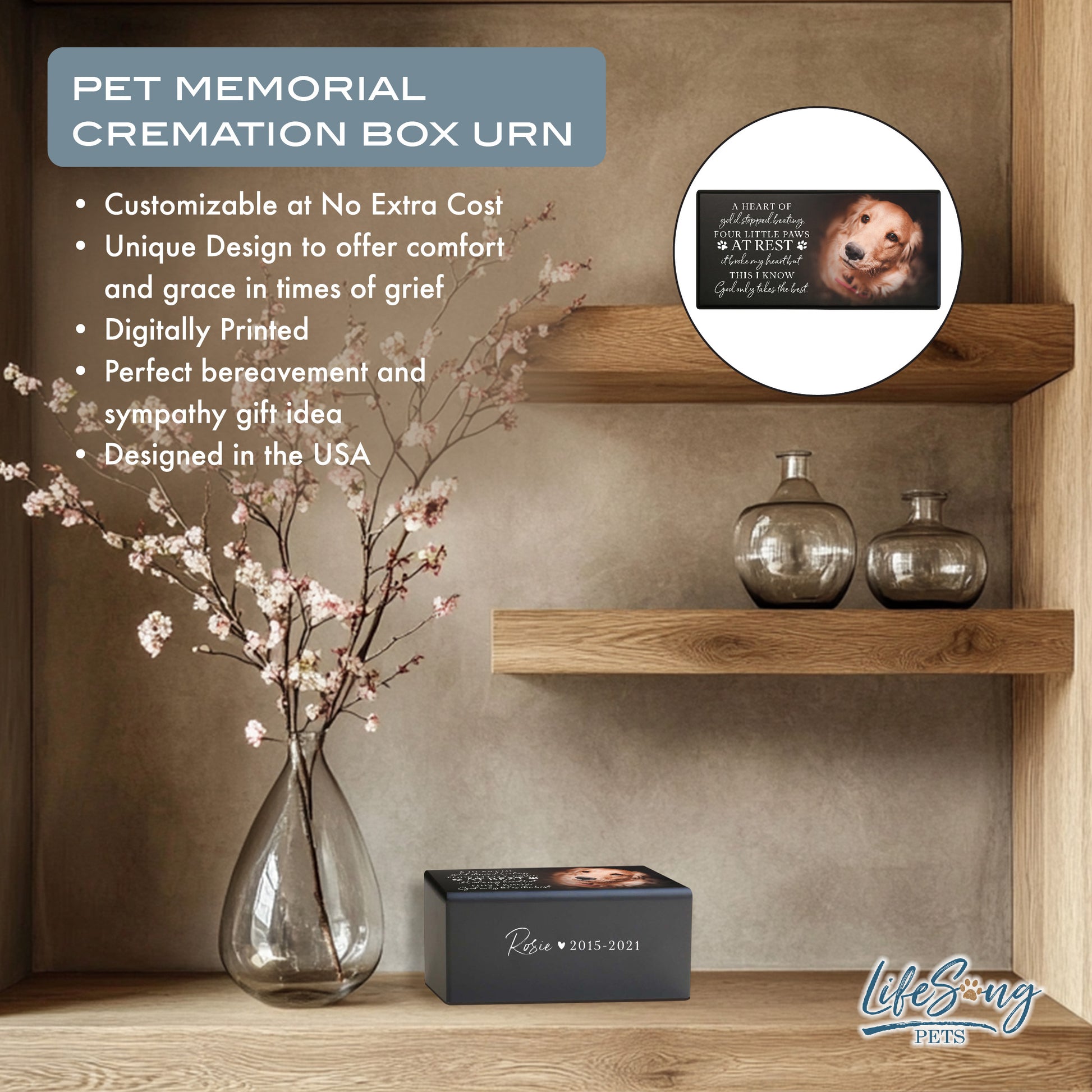 A customized pet memorial urn displayed on a shelf with decor, featuring text about personalization and handcrafted craftsmanship.