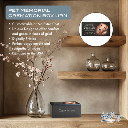 A customized pet memorial urn displayed on a shelf with decor, featuring text about personalization and handcrafted craftsmanship.