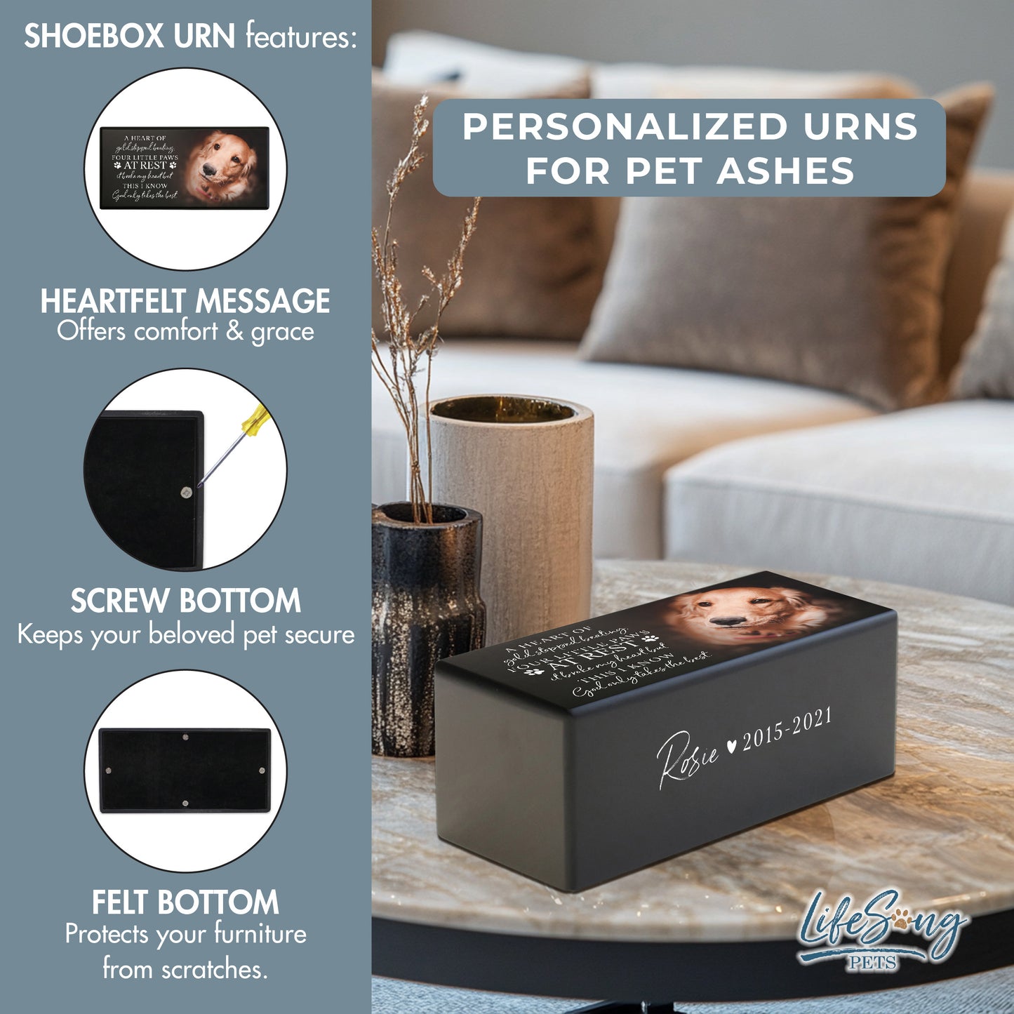 A black shoebox-style pet urn with a heartfelt inscription, secure screw bottom, and felt base for scratch protection.