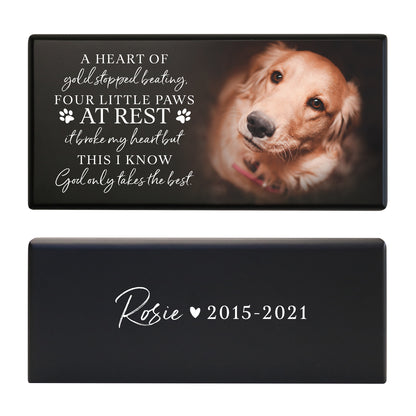 A black Pet Cremation Urn for Dog featuring a photo, a heartfelt poem, and a custom engraving with the pet’s name and lifespan.