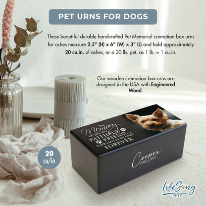 A black wooden urn for dog ashes, customizable with a photo and text, designed to hold up to 20 cubic inches.