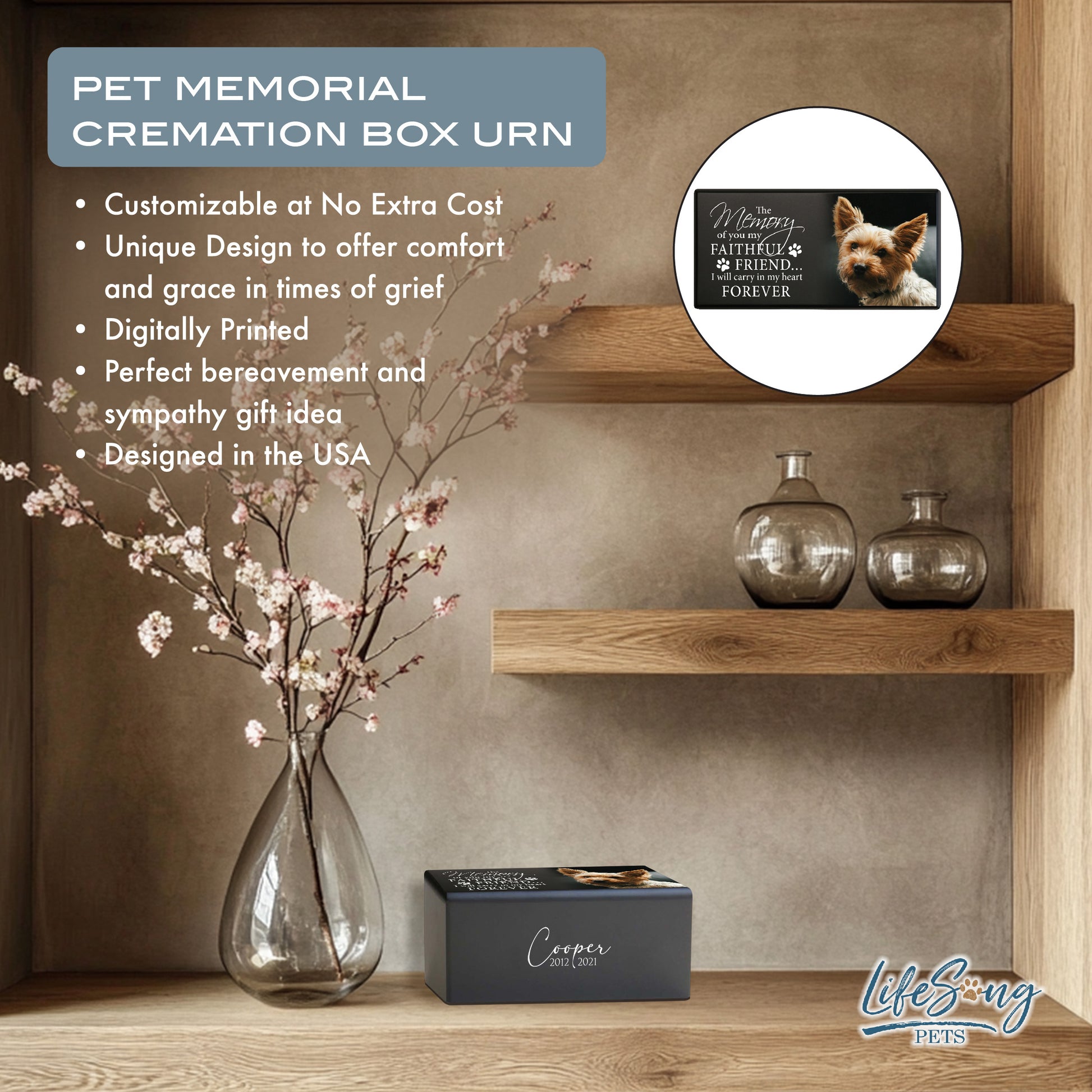 A customized pet memorial urn displayed on a shelf with decor, featuring text about personalization and handcrafted craftsmanship.