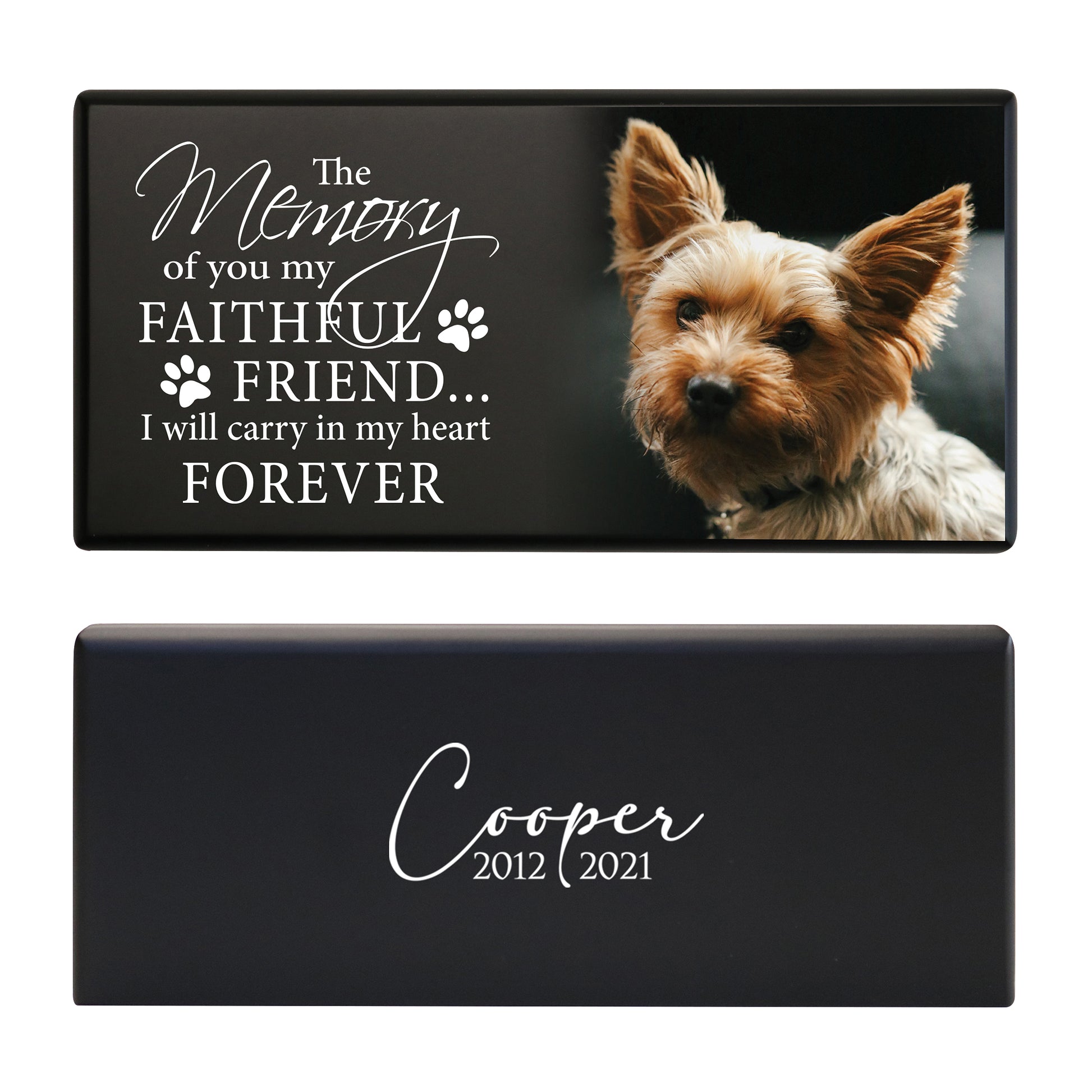 Black Wooden Dog Urn for Pet Ashes with a Yorkie photo, heartfelt quote, and engraved nameplate for a lasting tribute.