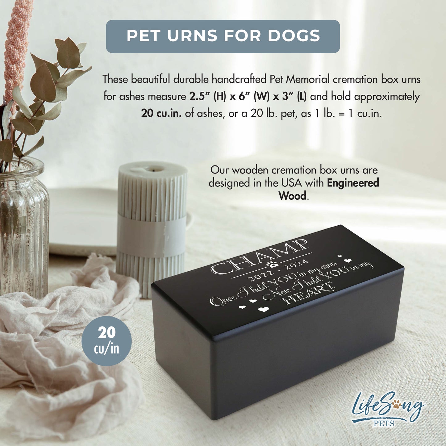 A black wooden urn for dog ashes, customizable with a photo and text, designed to hold up to 20 cubic inches.