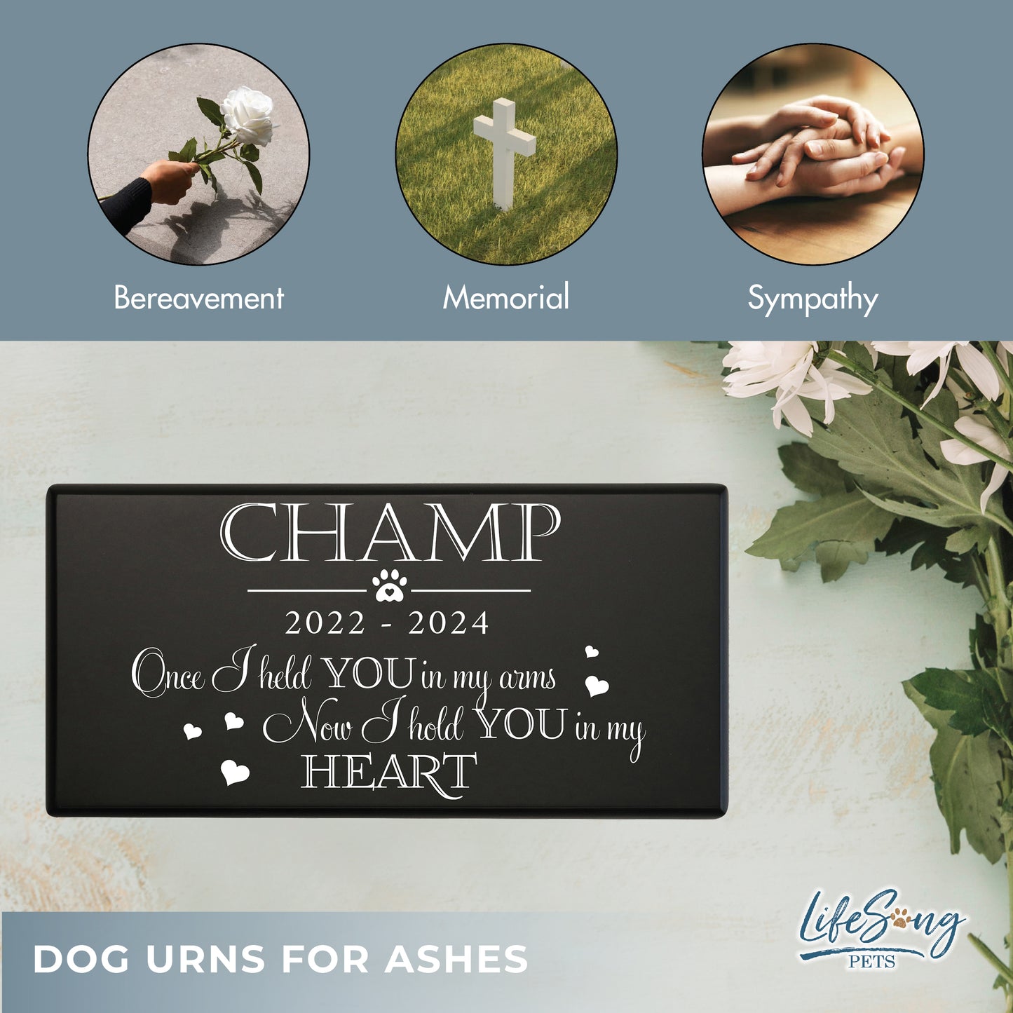 A black shoebox-style pet urn with a touching poem, a pet’s photo, and symbolic elements of bereavement, remembrance, and sympathy.