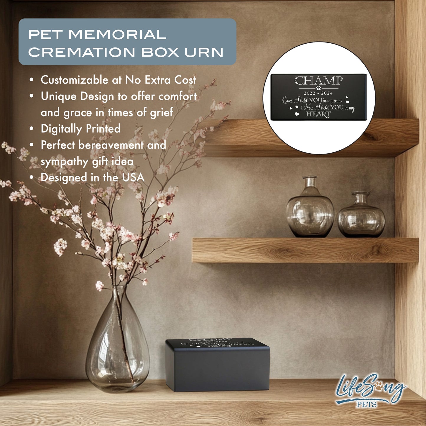 A customized pet memorial urn displayed on a shelf with decor, featuring text about personalization and handcrafted craftsmanship.