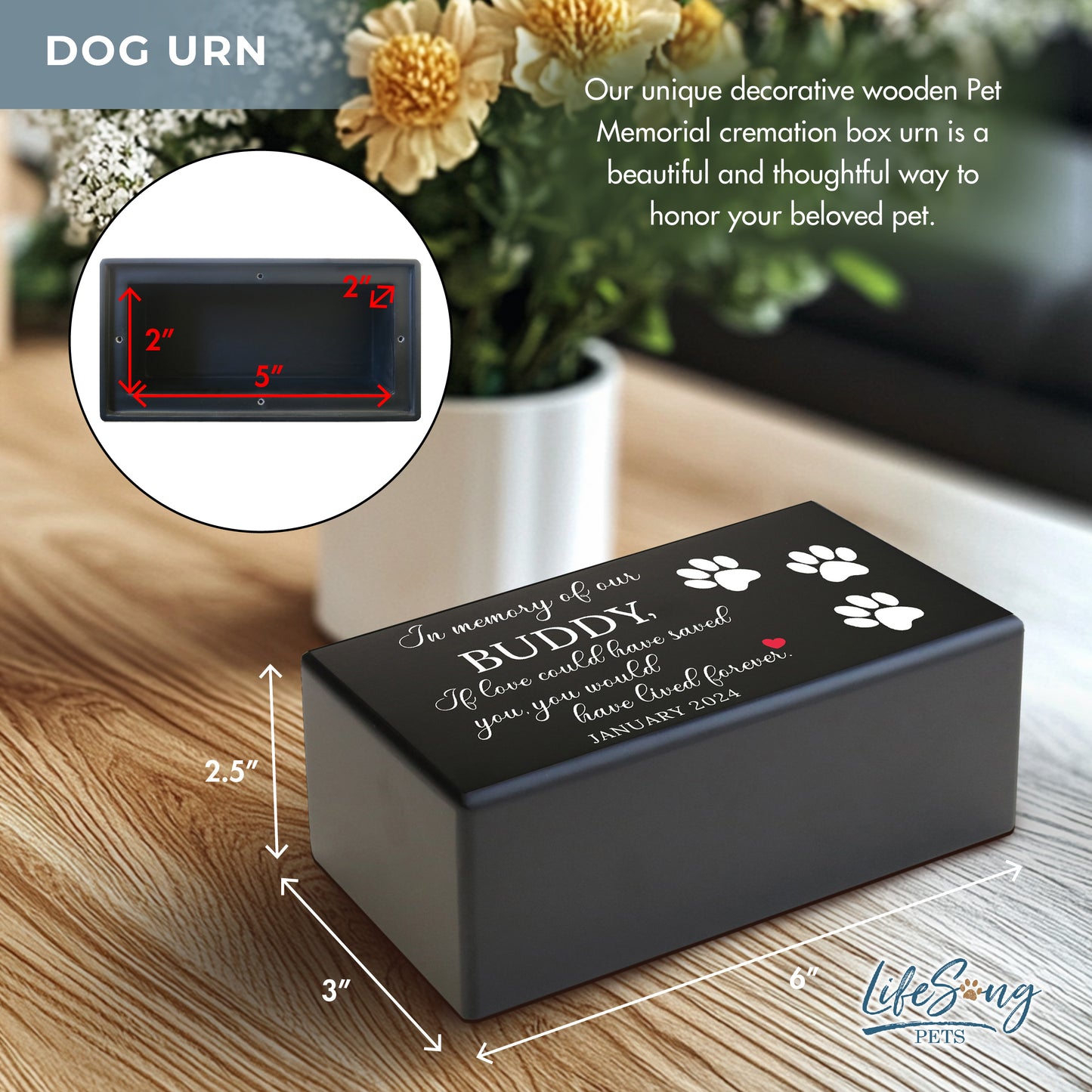 A black wooden urn for dog ashes, customizable with a photo and text, designed to hold up to 20 cubic inches.