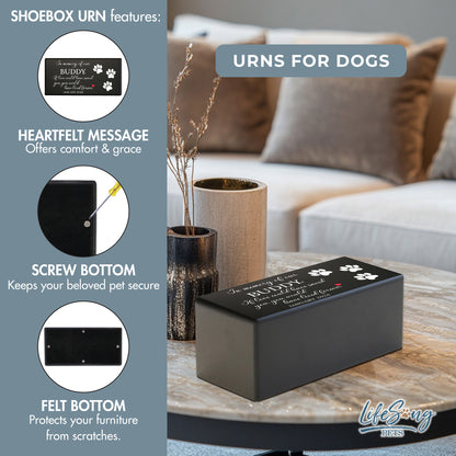 A black shoebox-style pet urn with a touching poem, a pet’s photo, and symbolic elements of bereavement, remembrance, and sympathy.