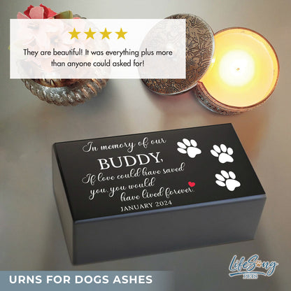 A customized pet memorial urn displayed on a shelf with decor, featuring text about personalization and handcrafted craftsmanship.