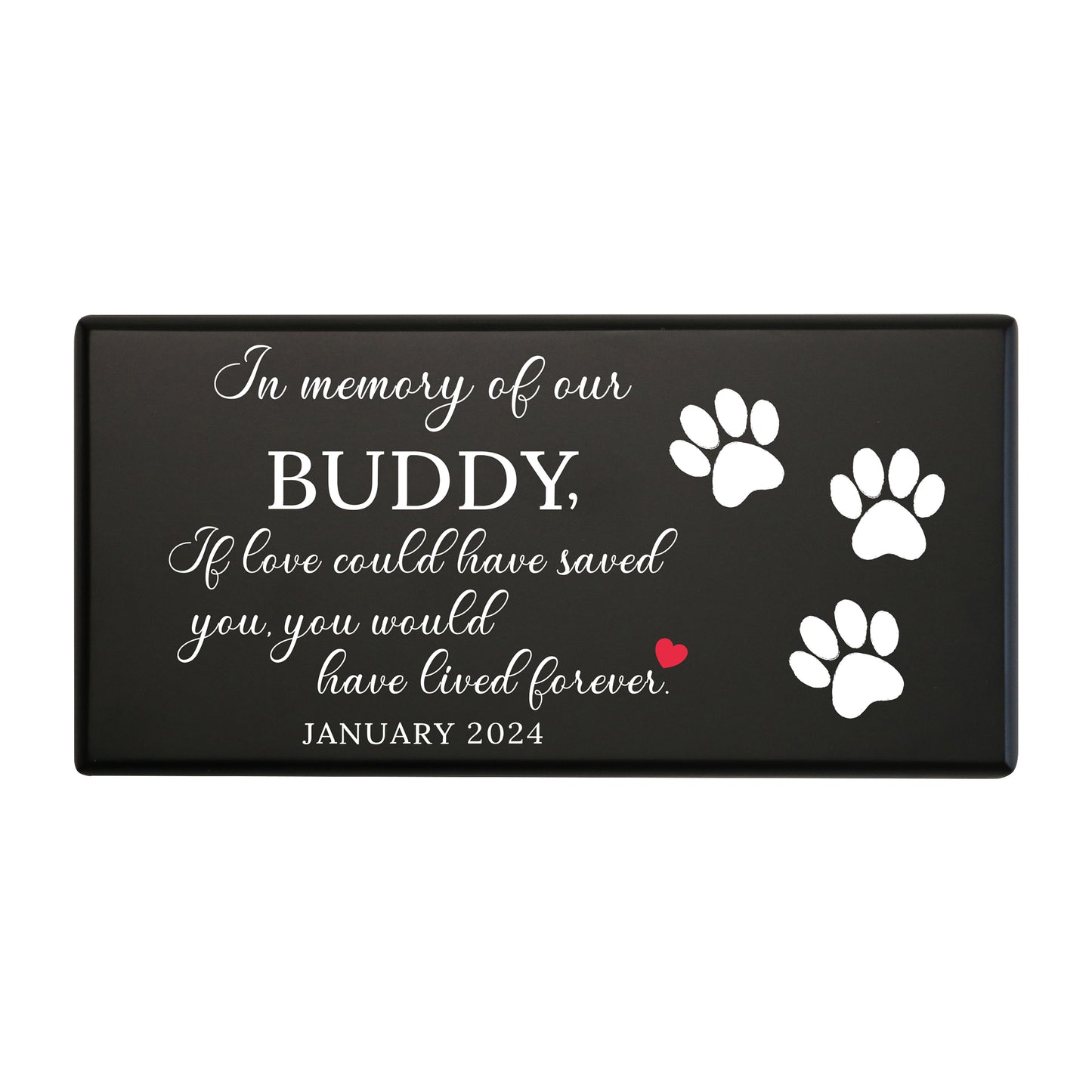 A black wooden pet urn for a pet named Buddy with paw prints and a loving quote.