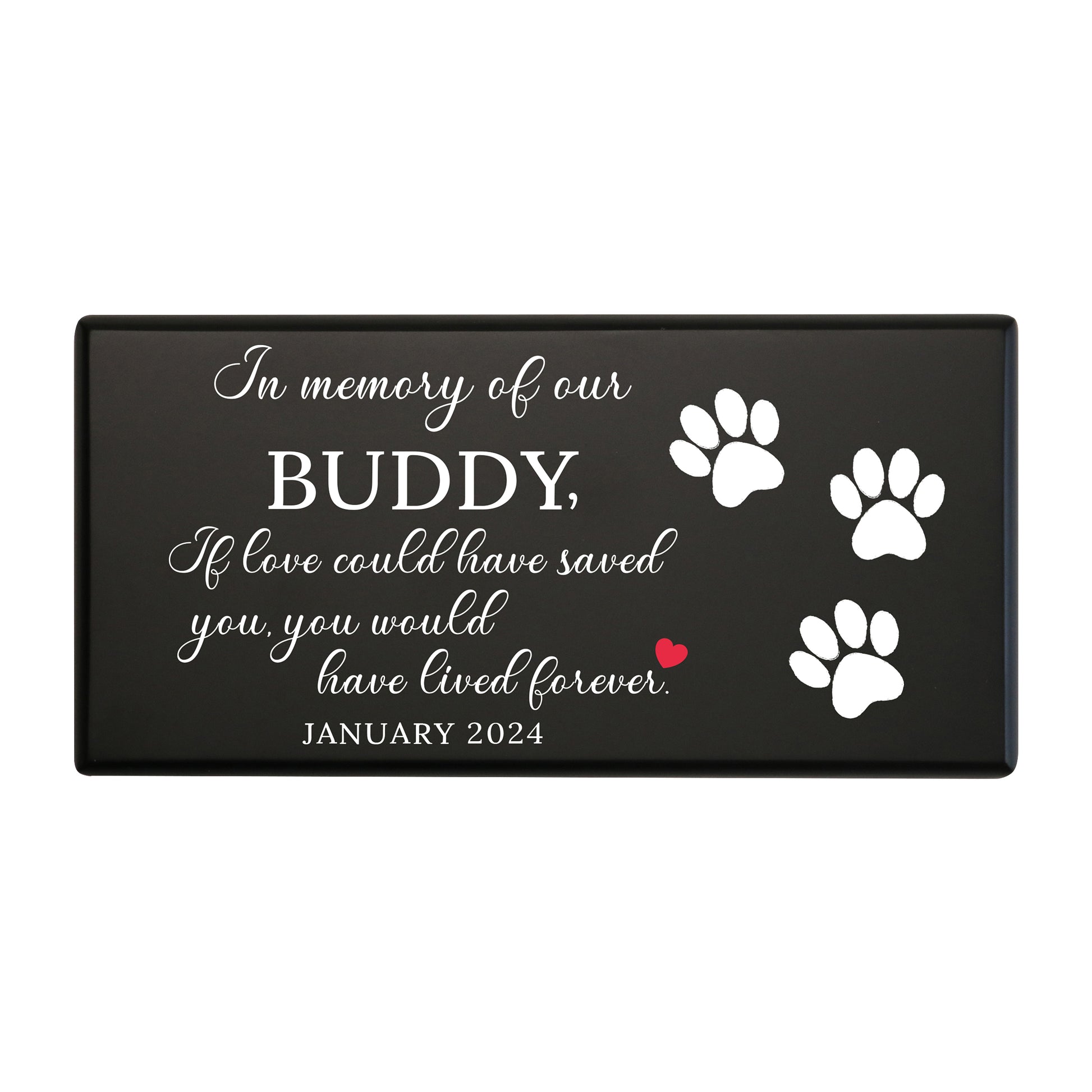 A black wooden pet urn for a pet named Buddy with paw prints and a loving quote.