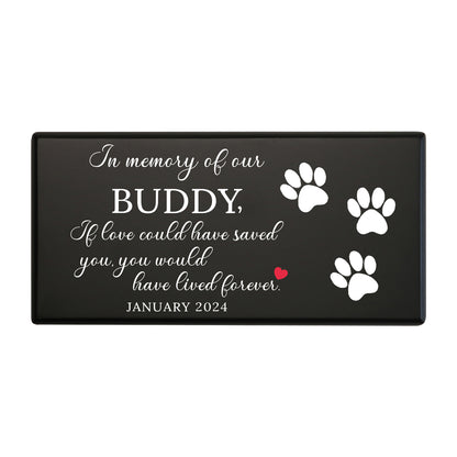 A black wooden pet urn for a pet named Buddy with paw prints and a loving quote.