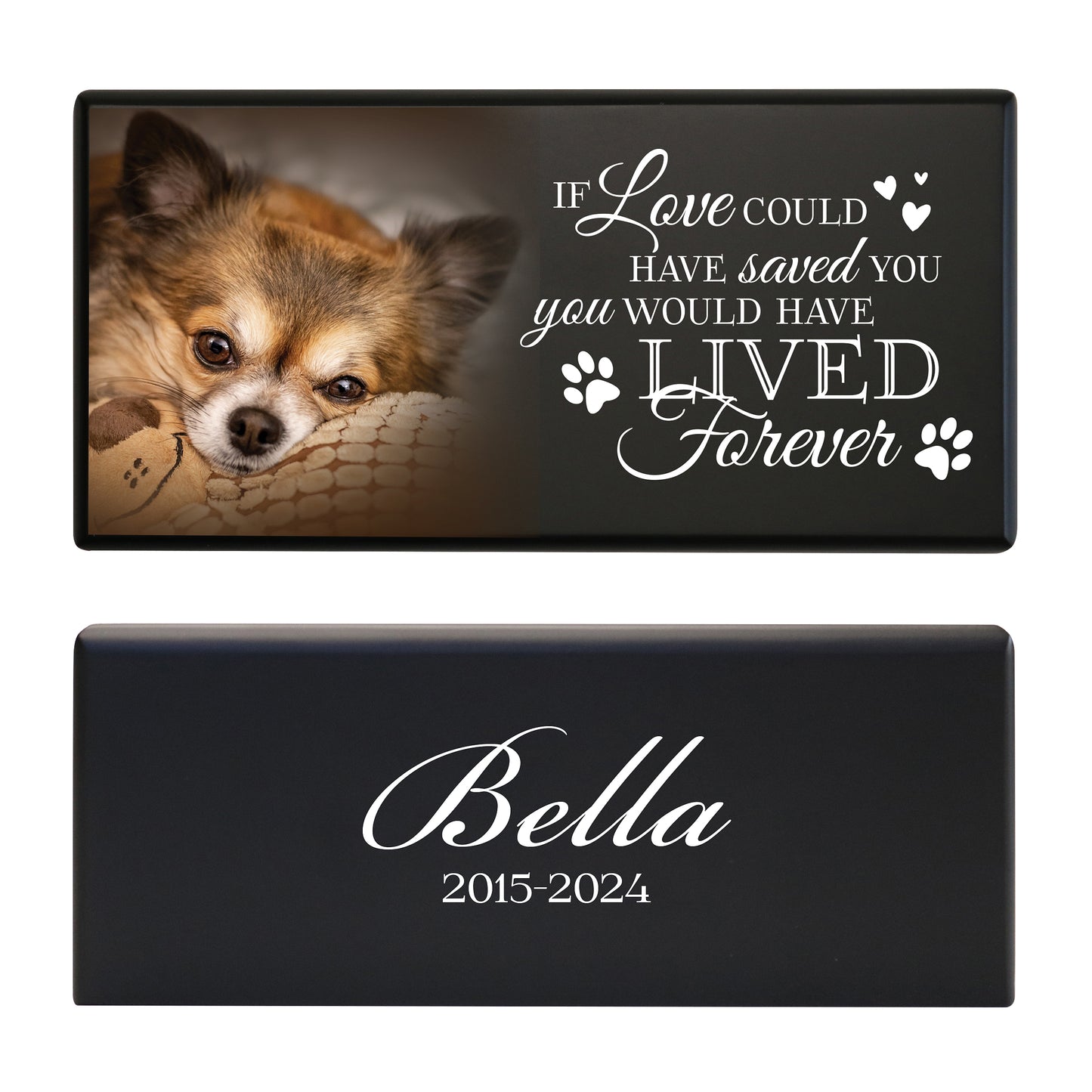 A black wooden pet urn for a pet with pawprints design and a heartfelt quote.